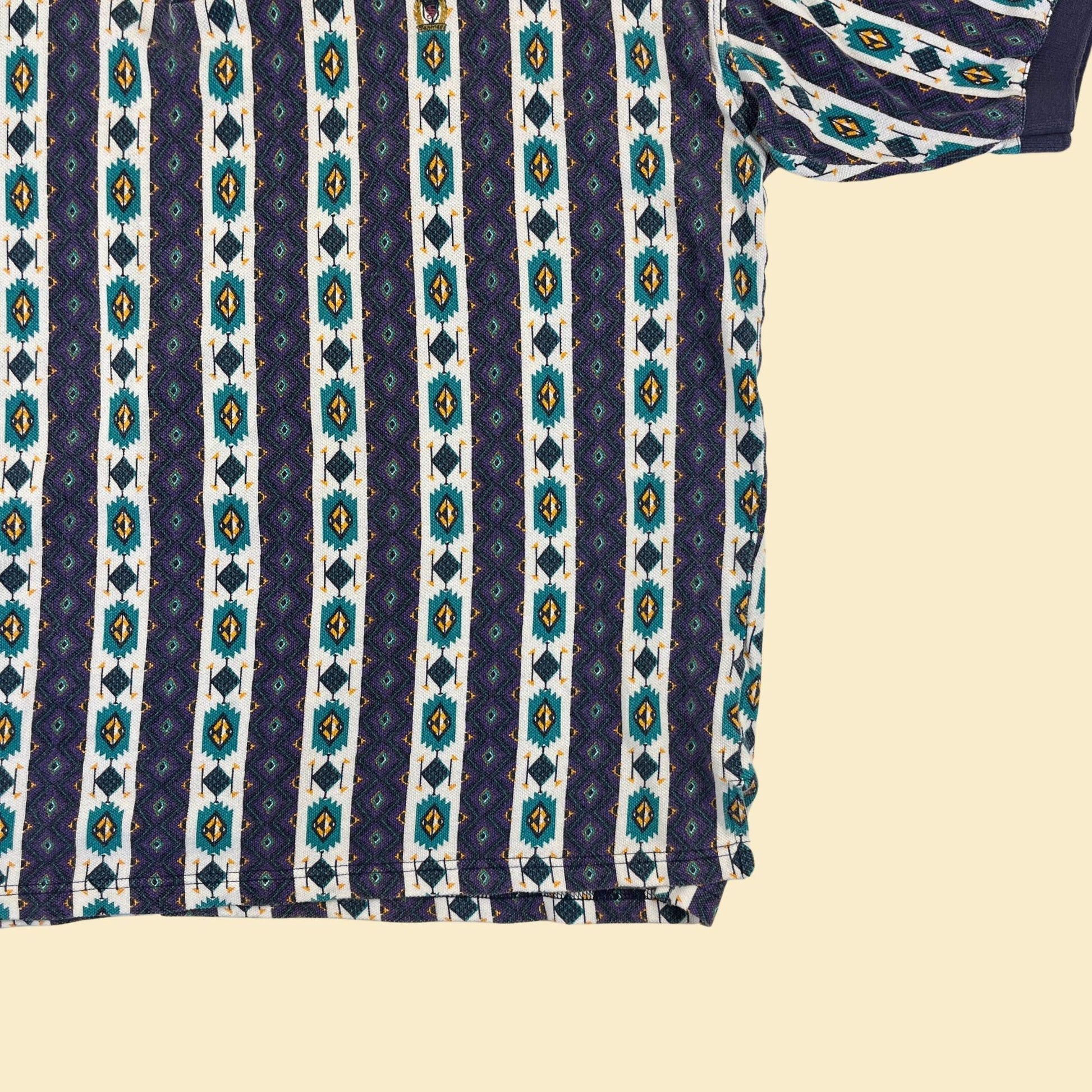 1990s geometric polo shirt, size 1X Siegried men's teal & purple abstract short sleeve