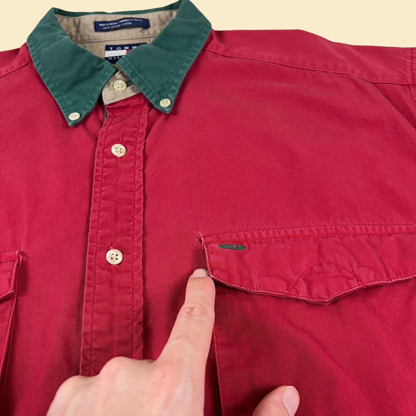 1990s L Tommy Hilfiger shirt, vintage red, green & beige long sleeve button down cotton shirt