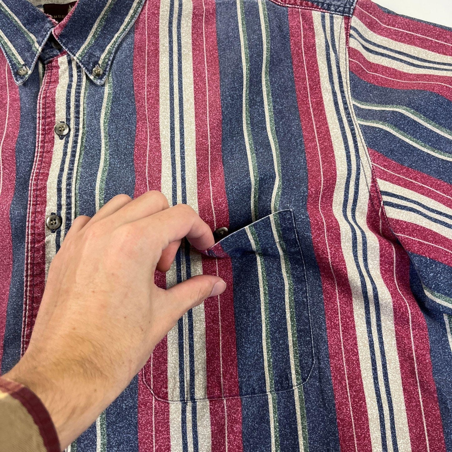 1990s striped shirt by Timbercreek by Wrangler, vintage L to XL blue & pink short sleeve button down