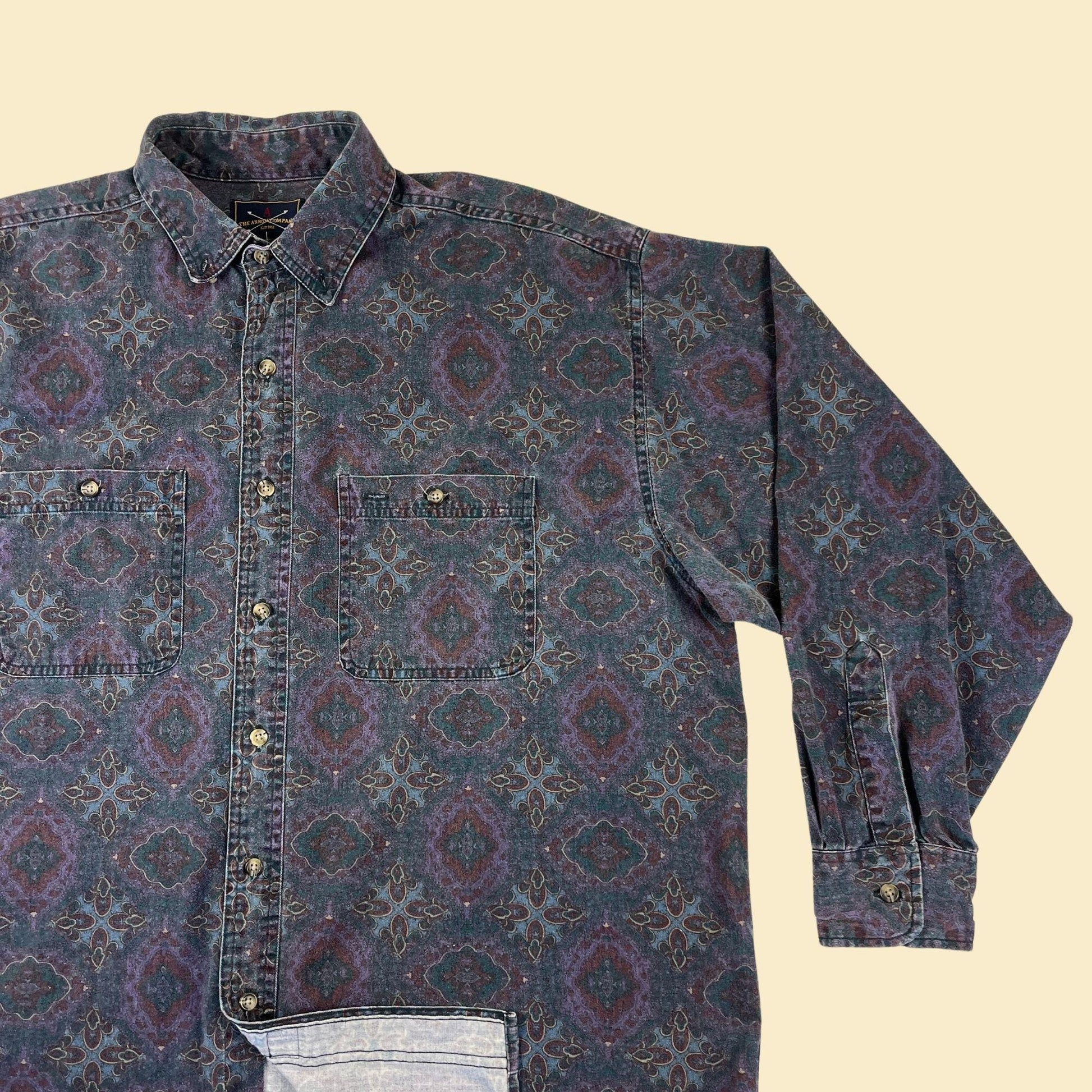 1990s XL patterned shirt by Arrow, vintage abstract men's purple & teal long sleeve button down top