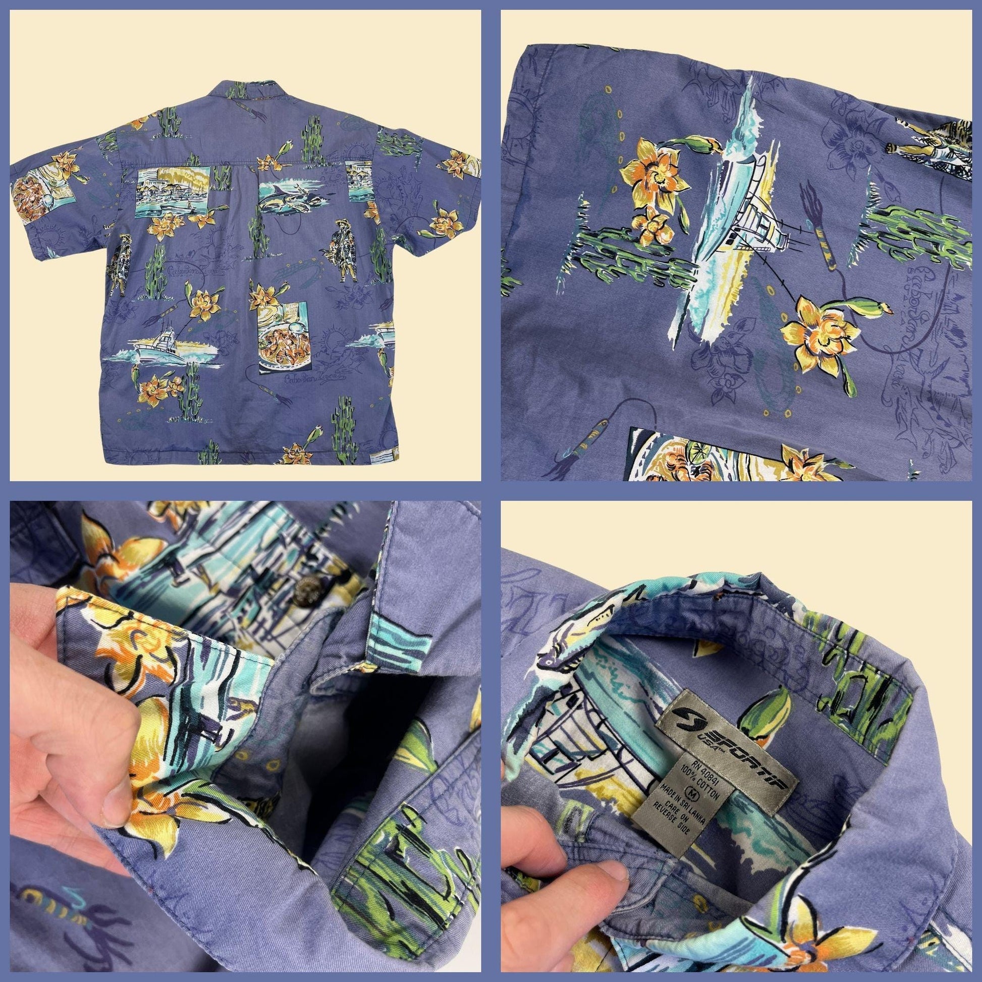 90s M summer shirt by Sportif USA, vintage men's blue & green cactus/fish patterned short sleeve button down