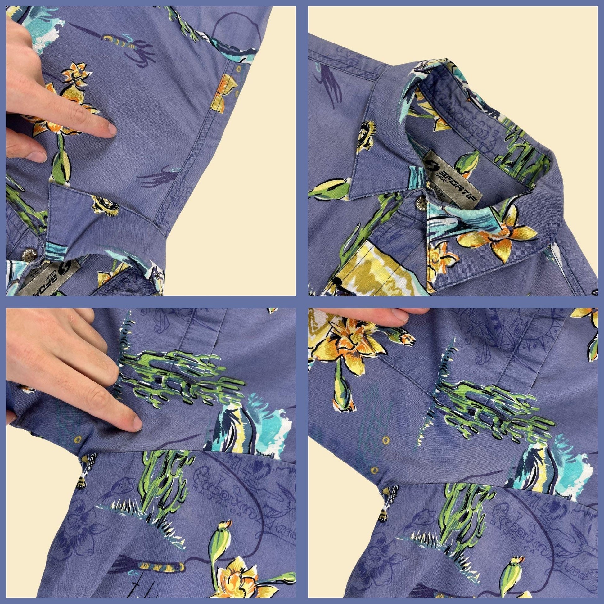 90s M summer shirt by Sportif USA, vintage men's blue & green cactus/fish patterned short sleeve button down