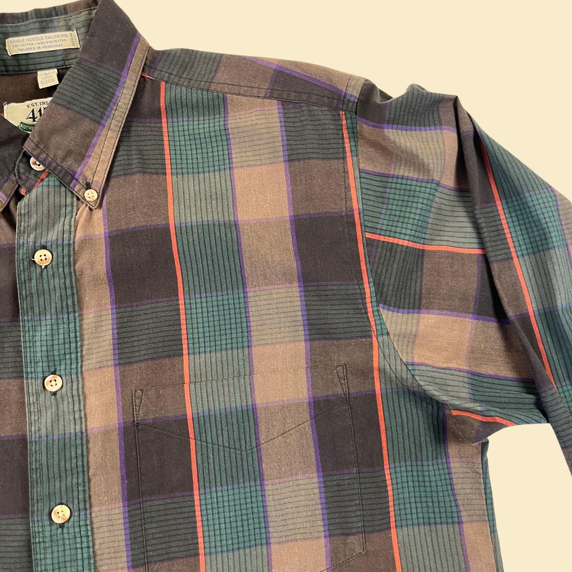 80s/90s M Van Heusen shirt, vintage men's teal, grey & purple short sleeve button down shirt