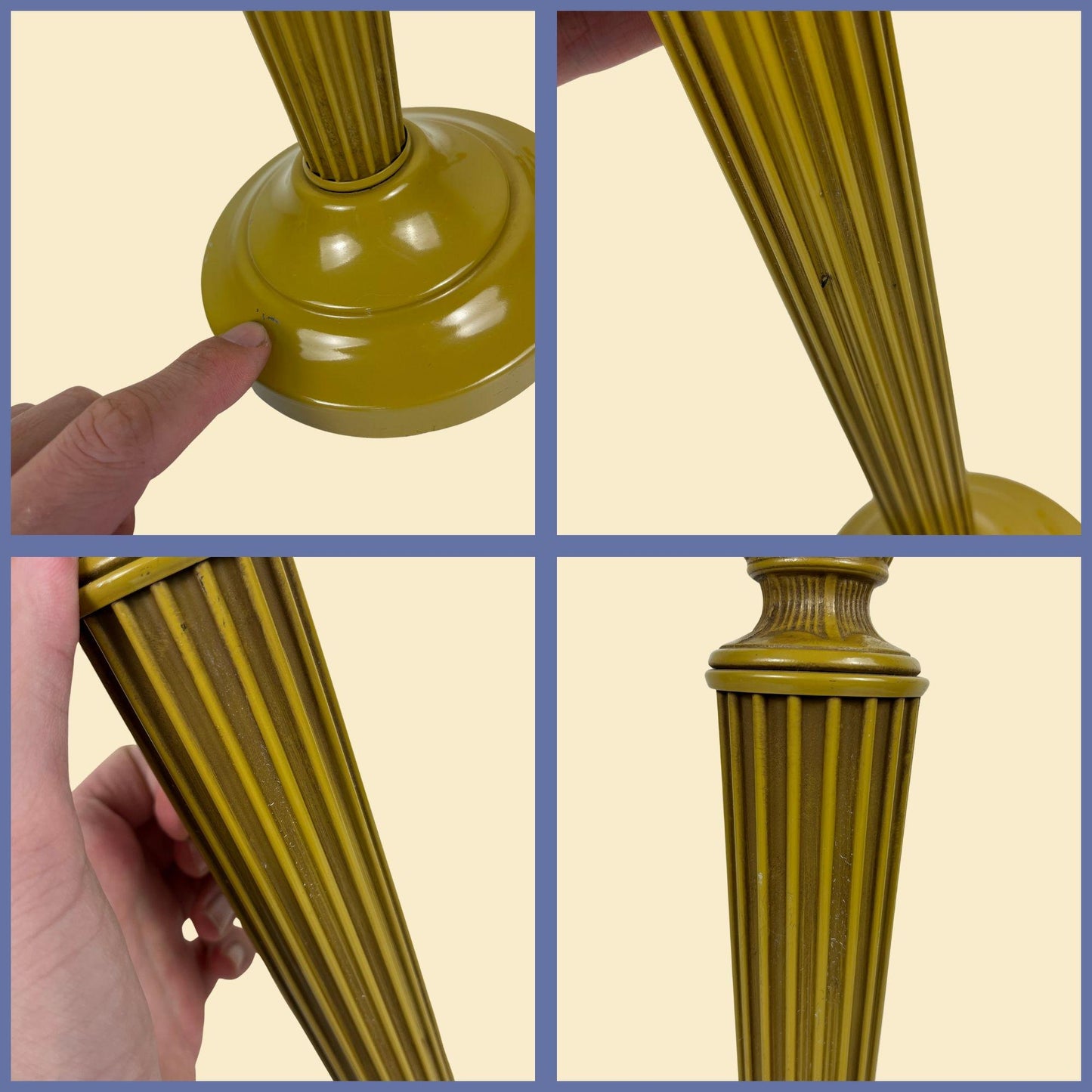 1970s yellow table lamp, vintage toleware-style 20.5" lamp w/ ribbed & ornate filigree pattern