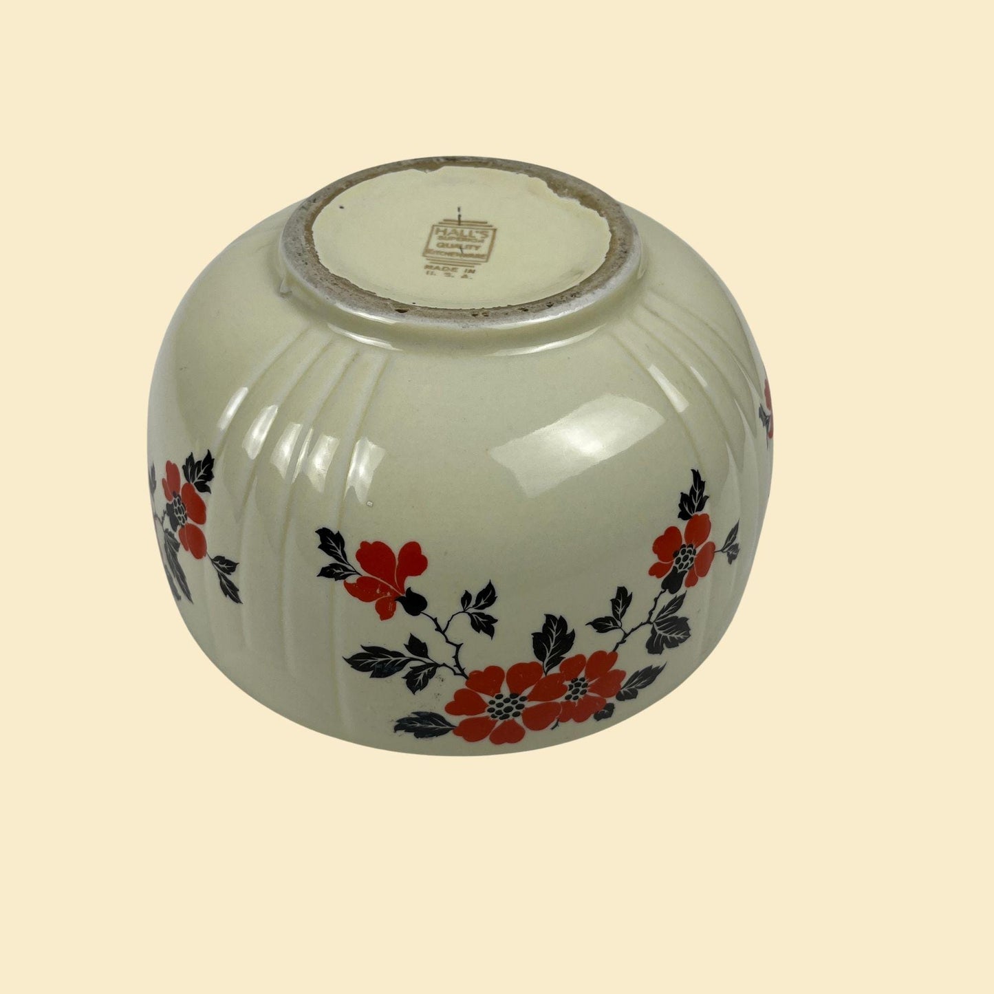 1950s floral bowl by Hall's Kitchenware, vintage ceramic red & black flower patterned mixing box