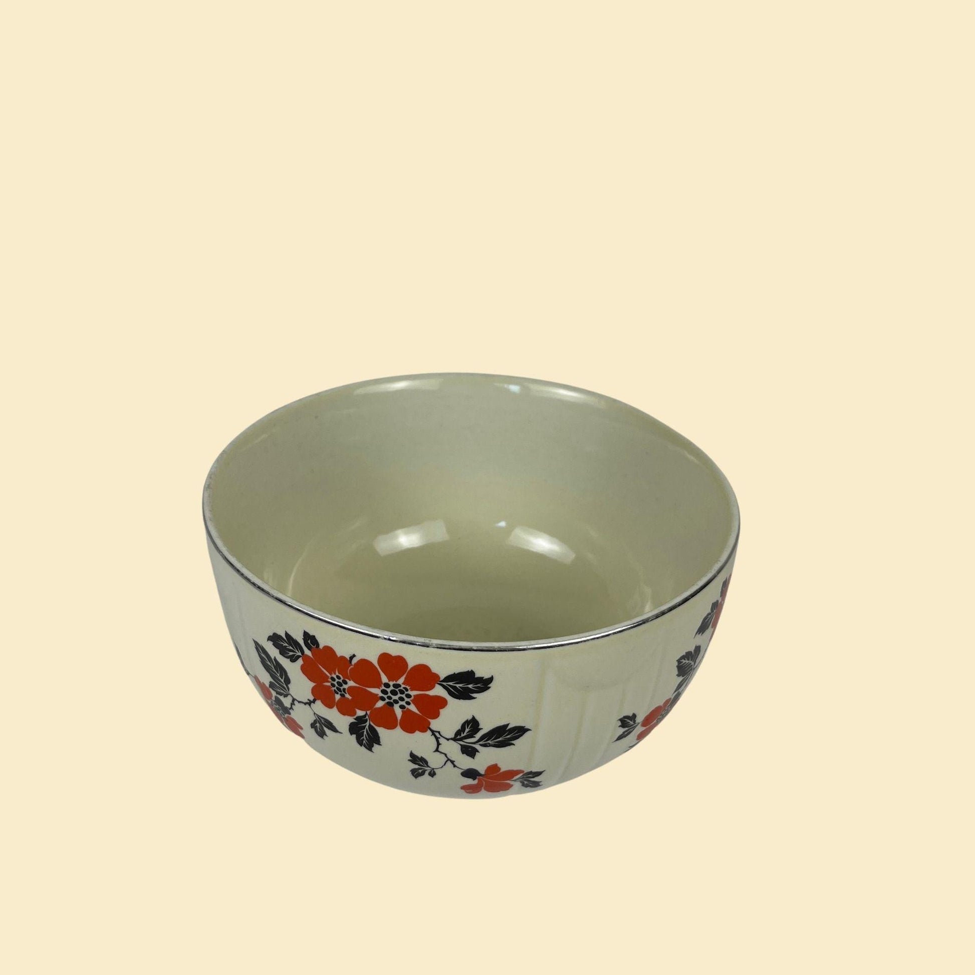 1950s floral bowl by Hall's Kitchenware, vintage ceramic red & black flower patterned mixing box