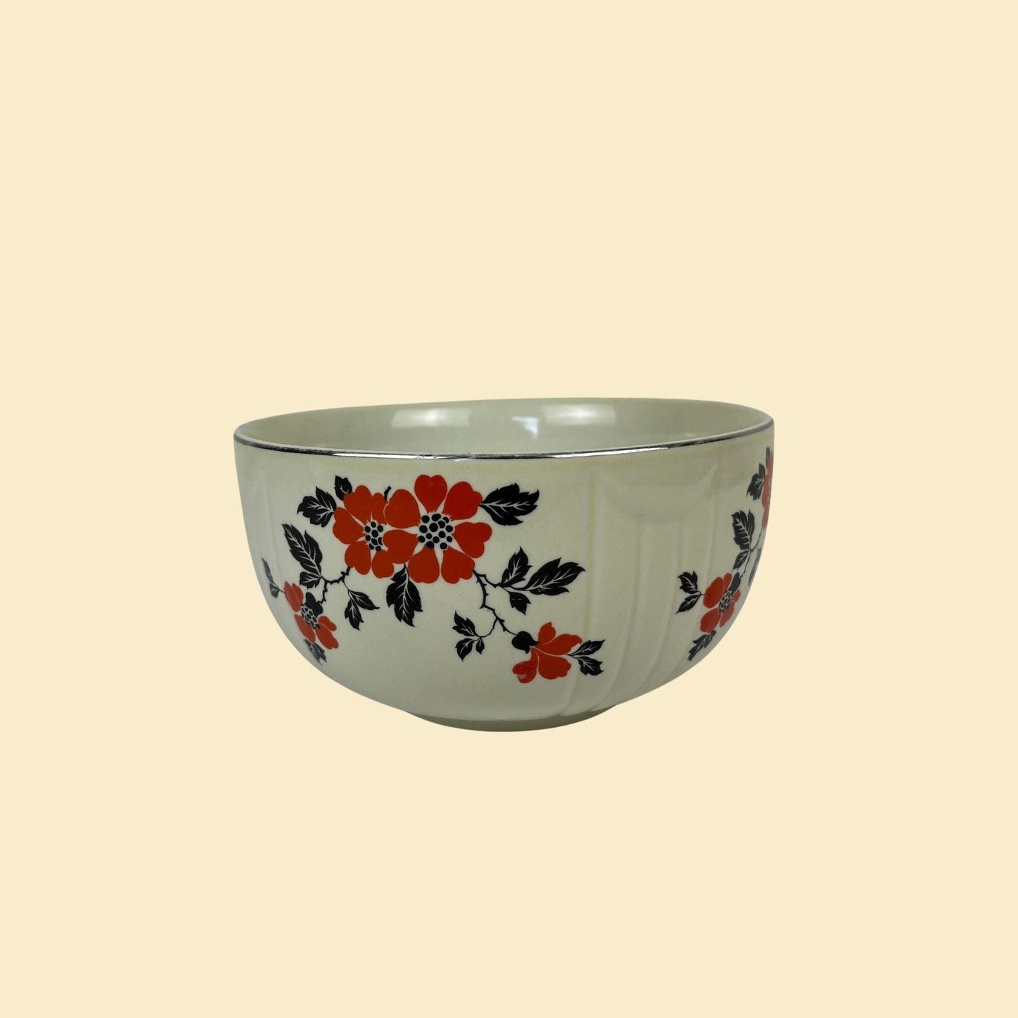 1950s floral bowl by Hall's Kitchenware, vintage ceramic red & black flower patterned mixing box