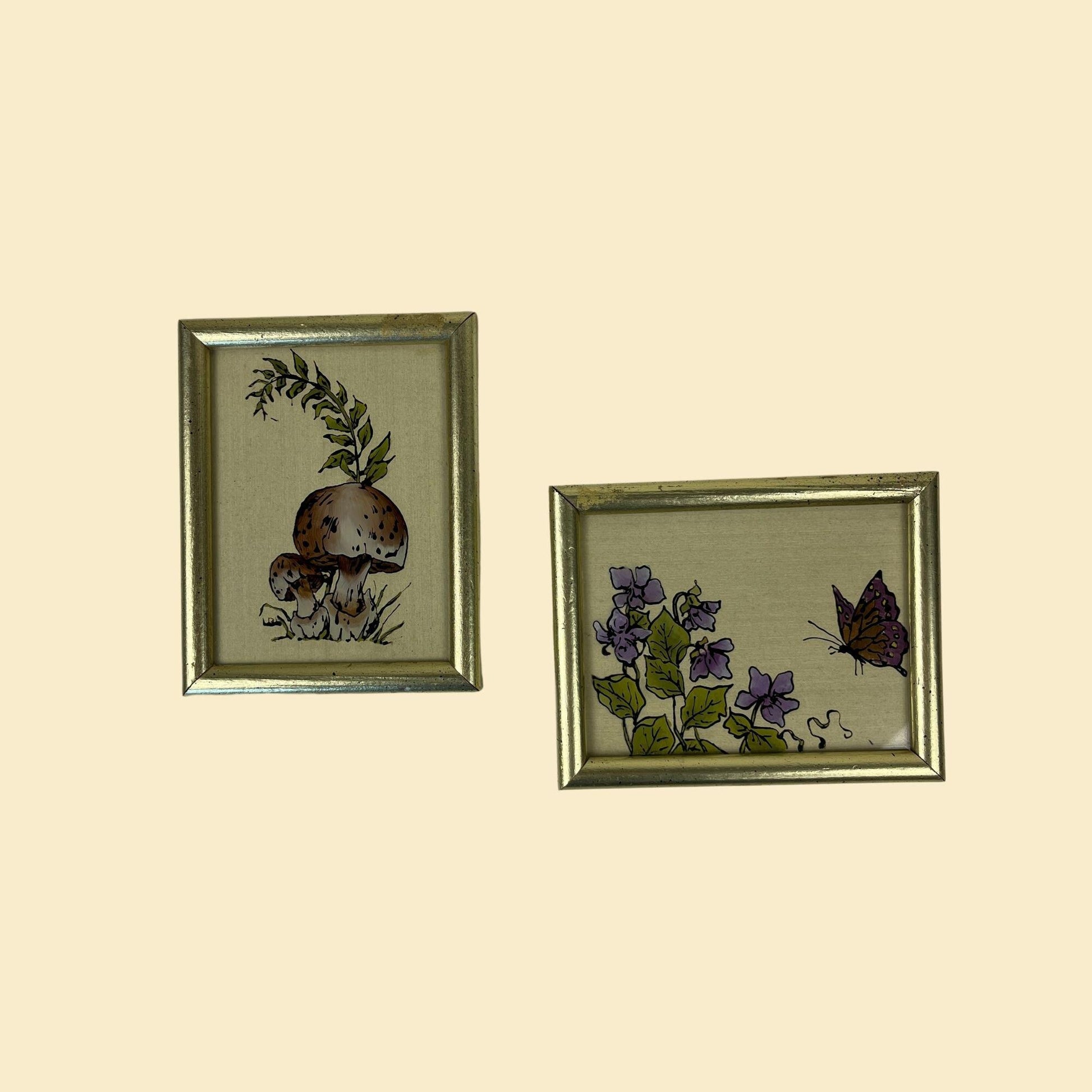 1970s mushroom & butterfly wall art, vintage reverse glass painted gold-tone framed wall decor