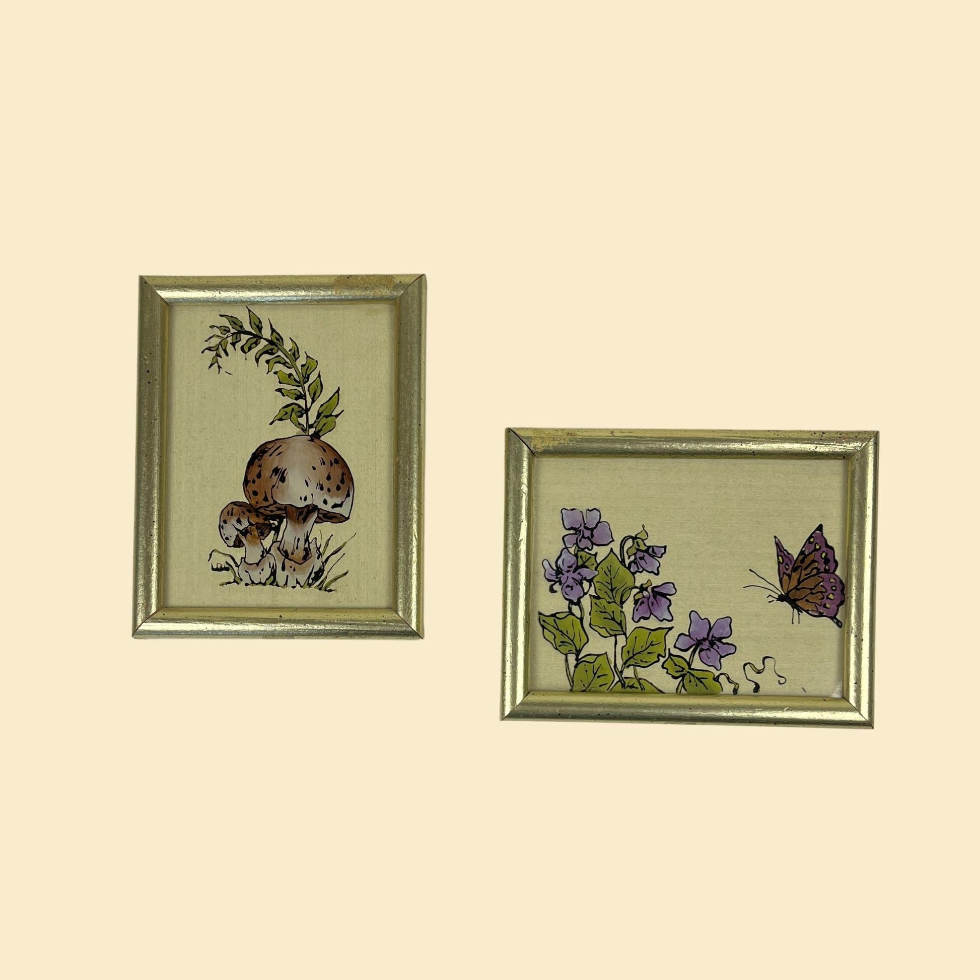 1970s mushroom & butterfly wall art, vintage reverse glass painted gold-tone framed wall decor