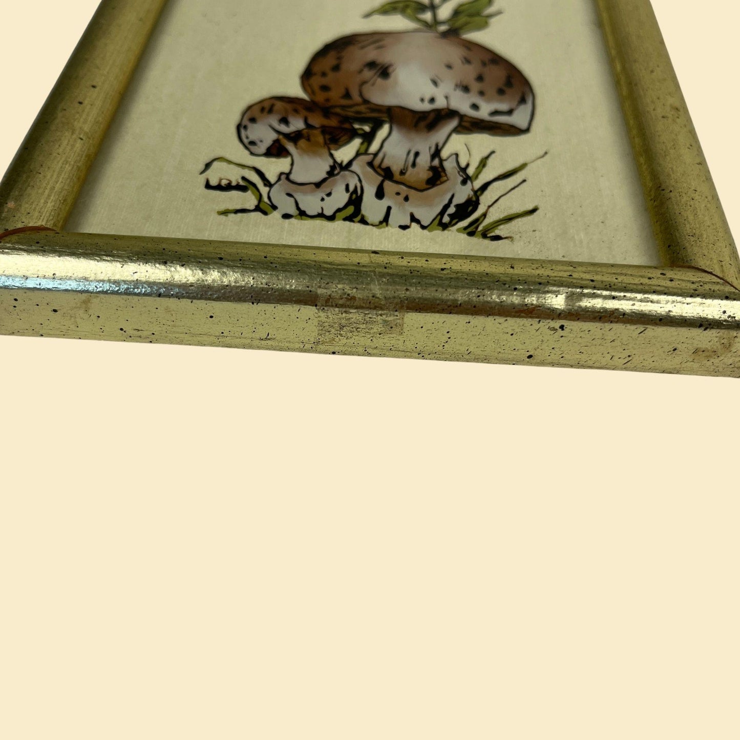 1970s mushroom & butterfly wall art, vintage reverse glass painted gold-tone framed wall decor