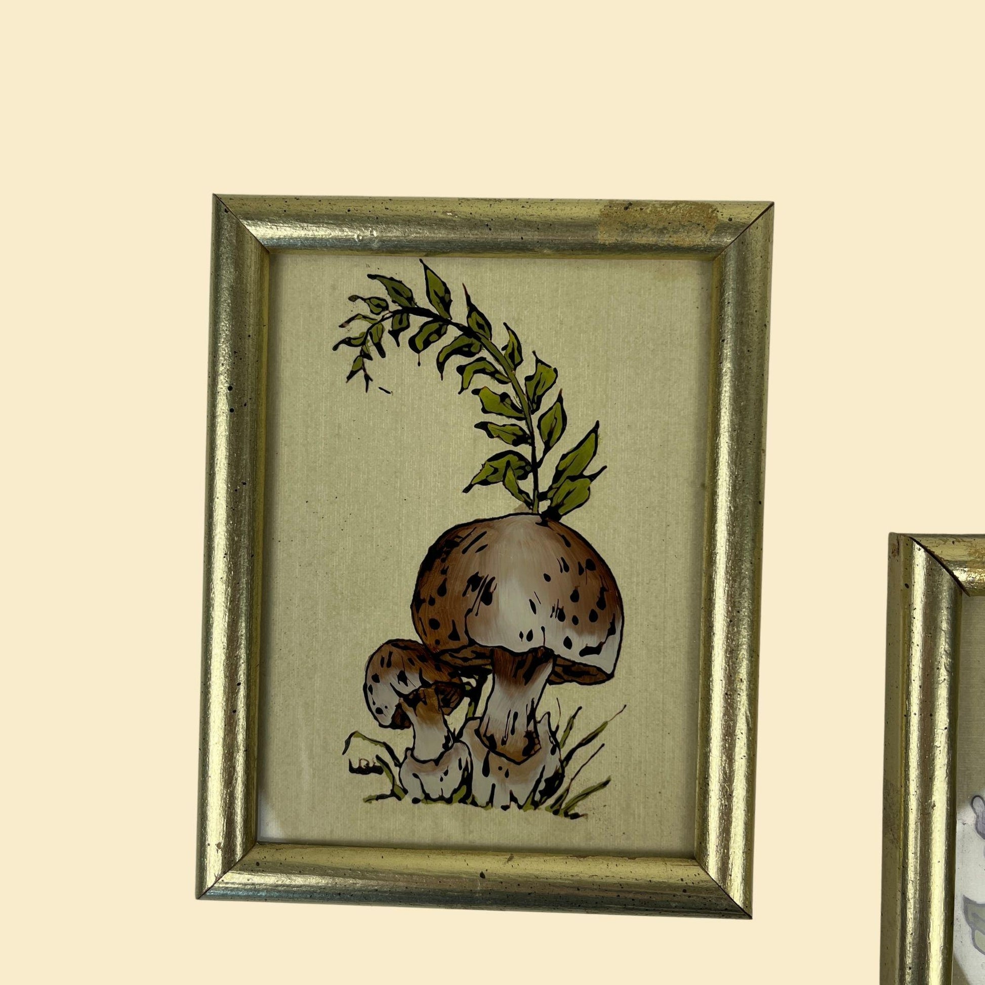 1970s mushroom & butterfly wall art, vintage reverse glass painted gold-tone framed wall decor