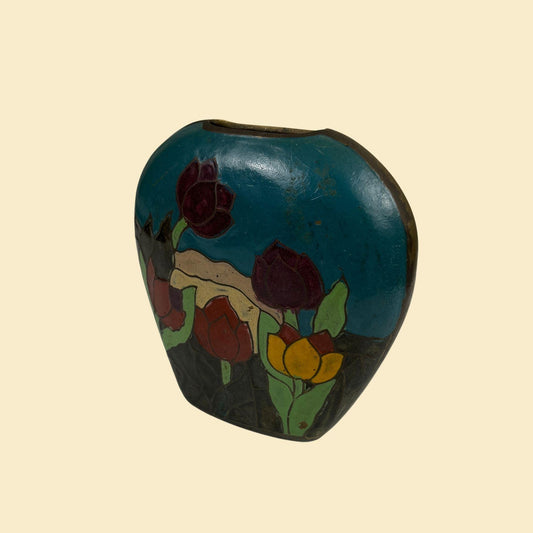 1970s floral brass vase, vintage teal & purple enamel painted small metal vase