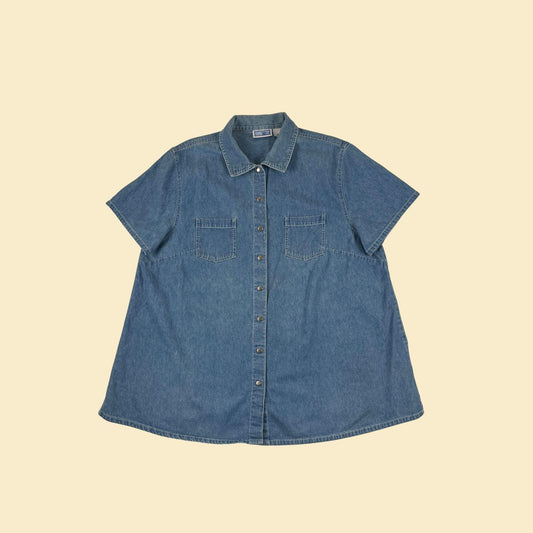 90s/Y2K chambray XL maternity shirt, vintage women's medium wash blue short sleeve by Baby & Me