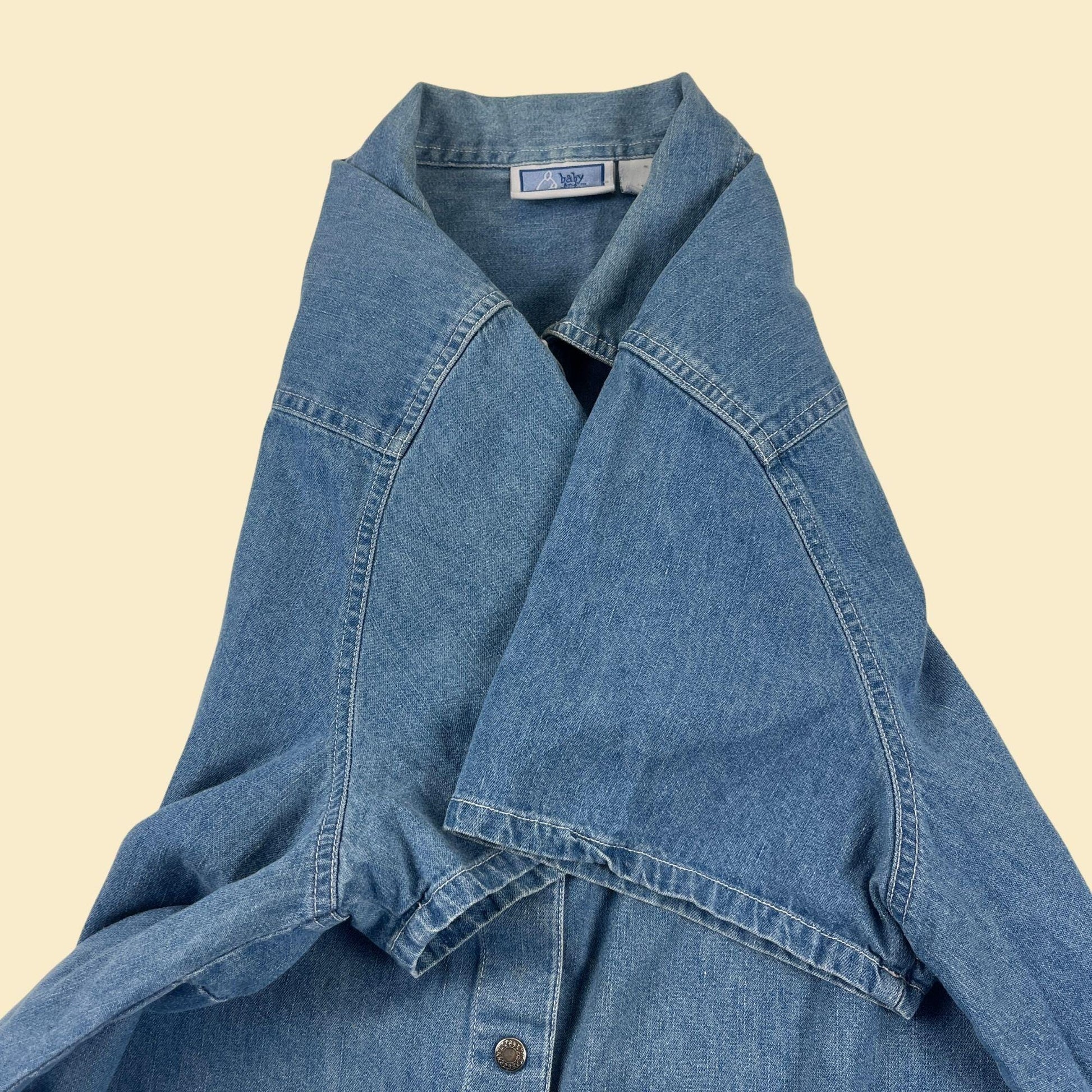 90s/Y2K chambray XL maternity shirt, vintage women's medium wash blue short sleeve by Baby & Me