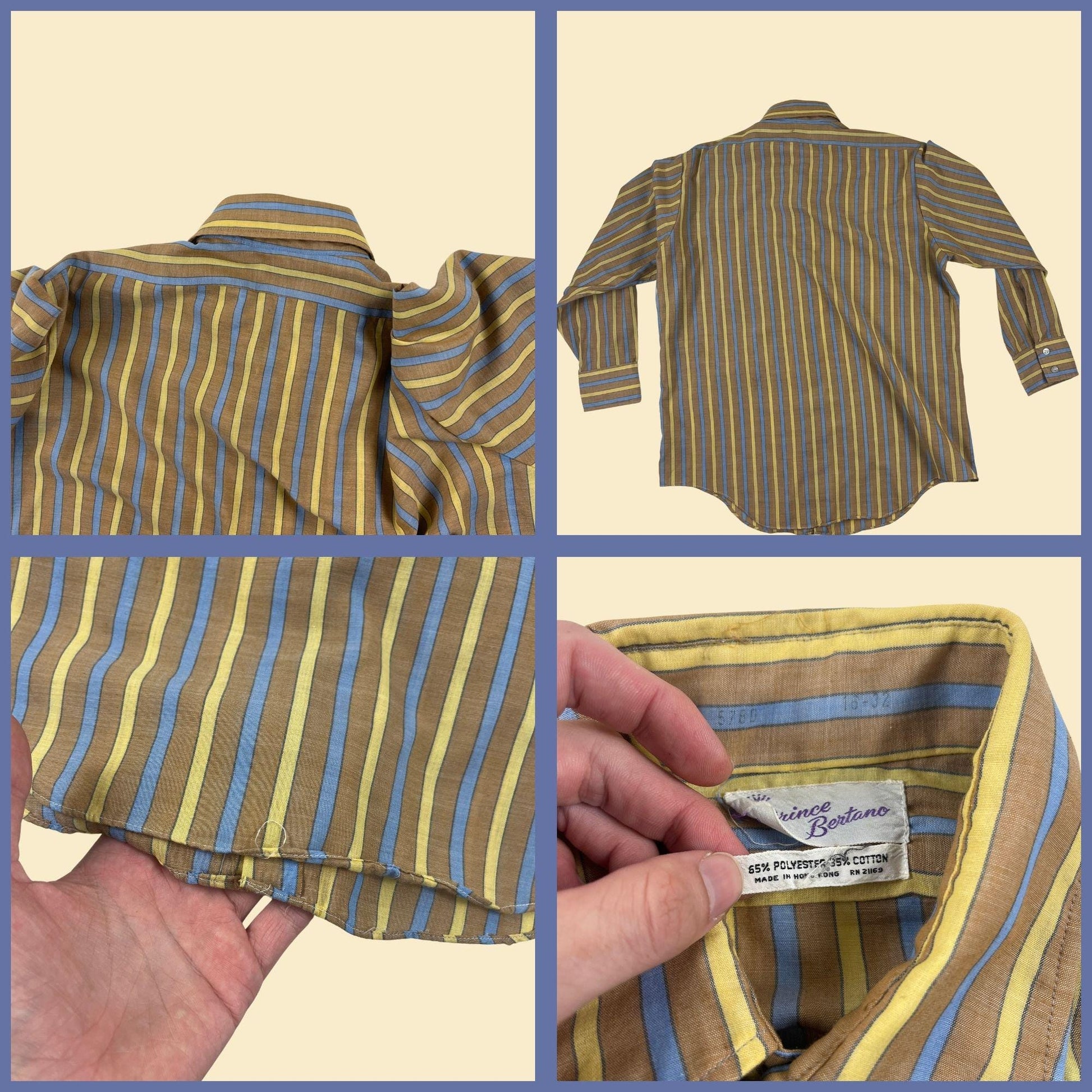 1970s men's shirt by Prince Bertano, vintage size 16-32 men's yellow & blue striped long sleeve button down