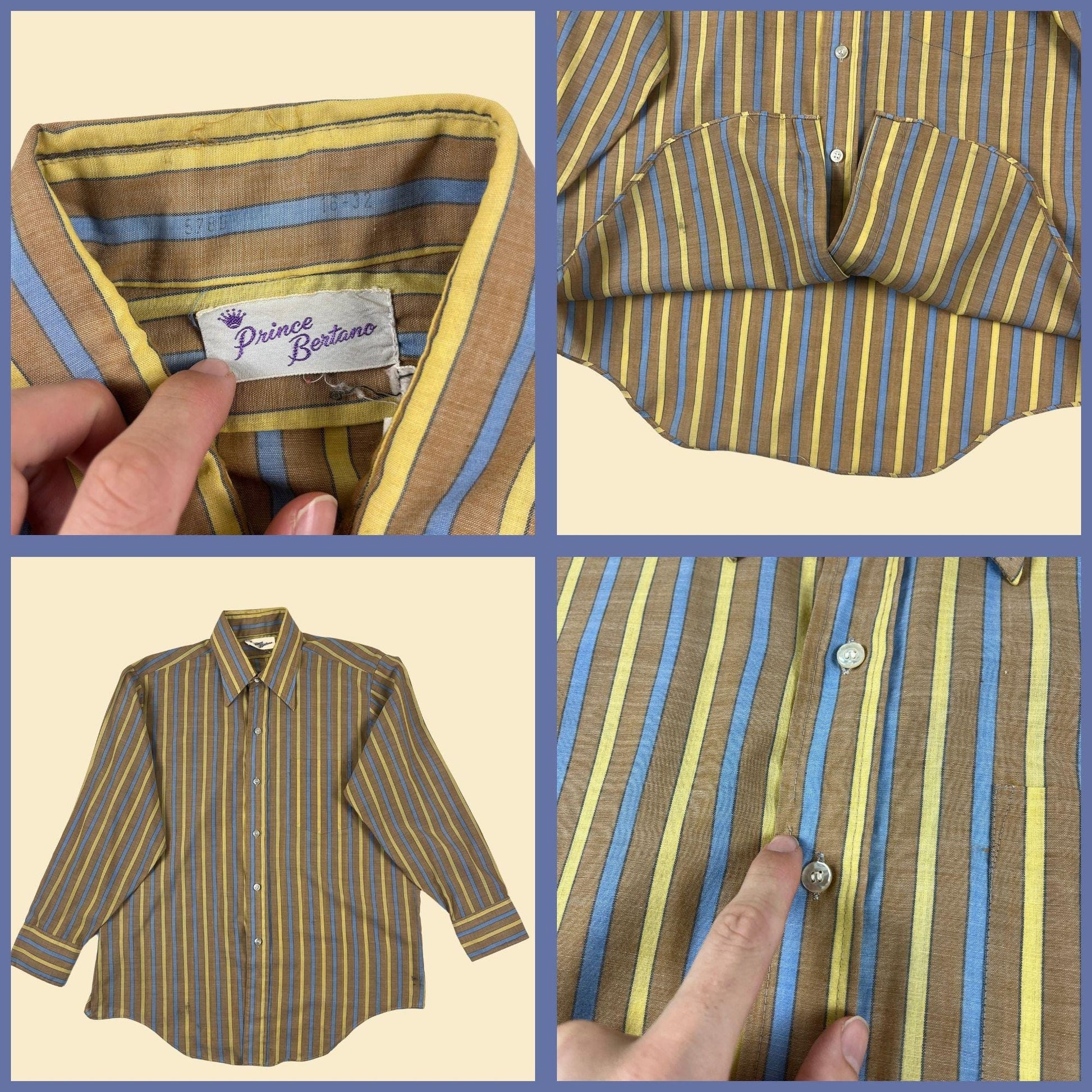 1970s men's shirt by Prince Bertano, vintage size 16-32 men's yellow & blue striped long sleeve button down