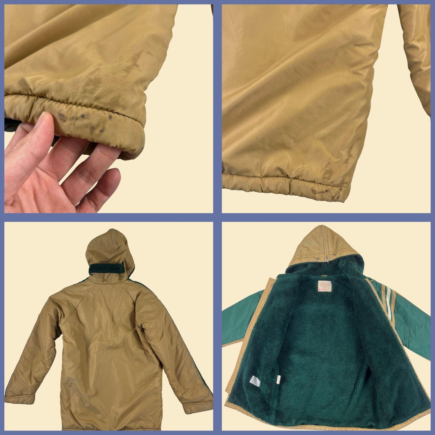 1970s Sears Boys puffer jacket, vintage boys' 18 beige & green color block fleece lined coat