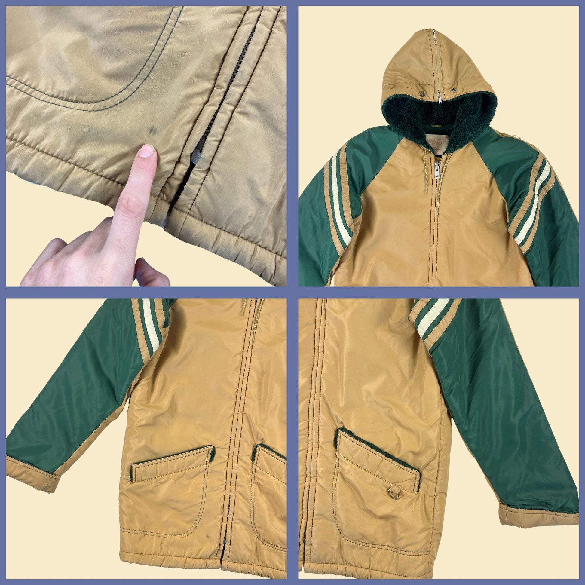 1970s Sears Boys puffer jacket, vintage boys' 18 beige & green color block fleece lined coat