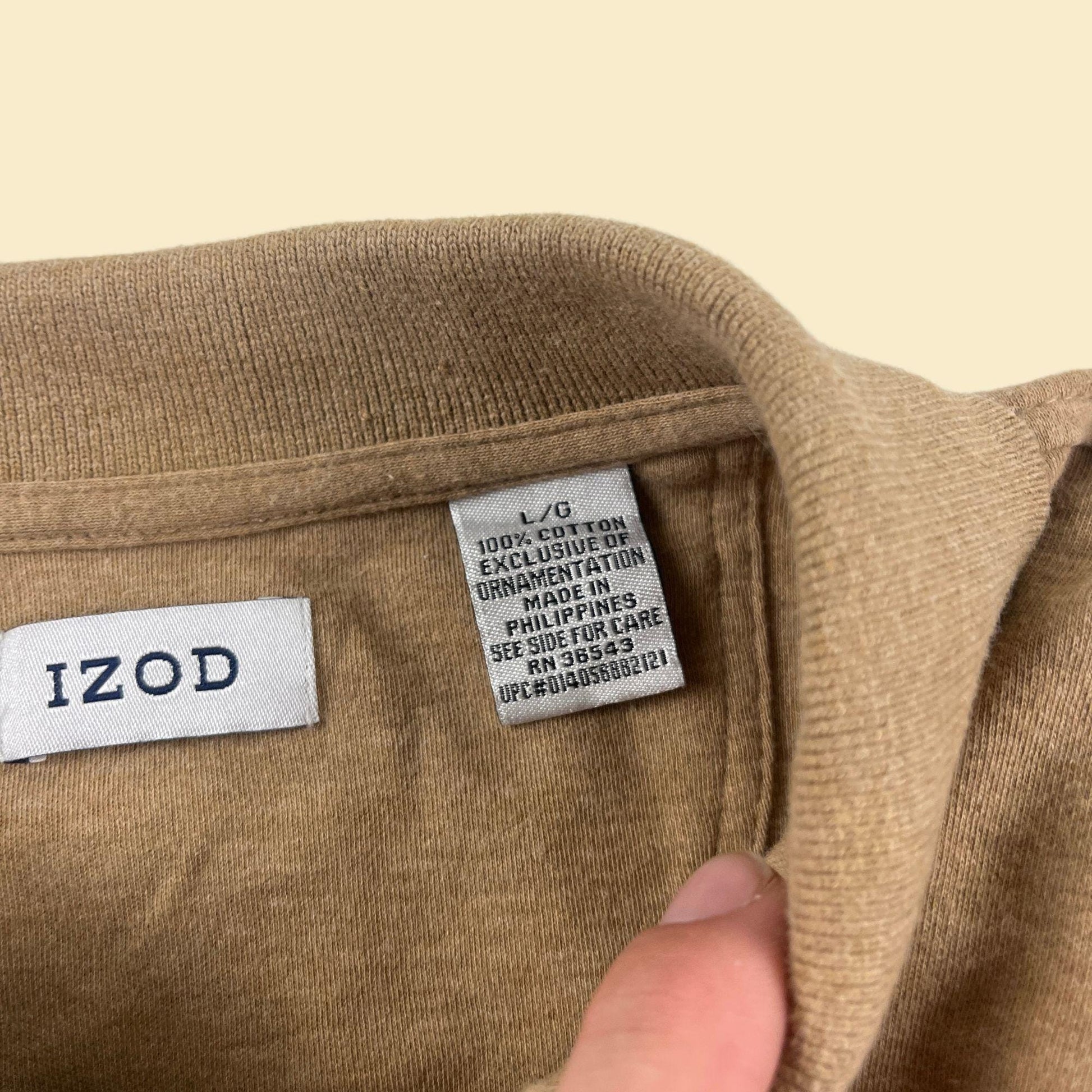 Y2K men's L polo shirt by Izod, vintage men's brown/beige soft cotton long sleeve top