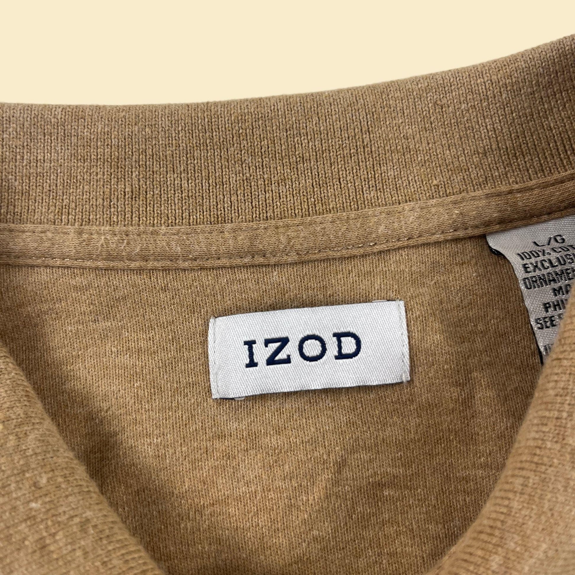 Y2K men's L polo shirt by Izod, vintage men's brown/beige soft cotton long sleeve top