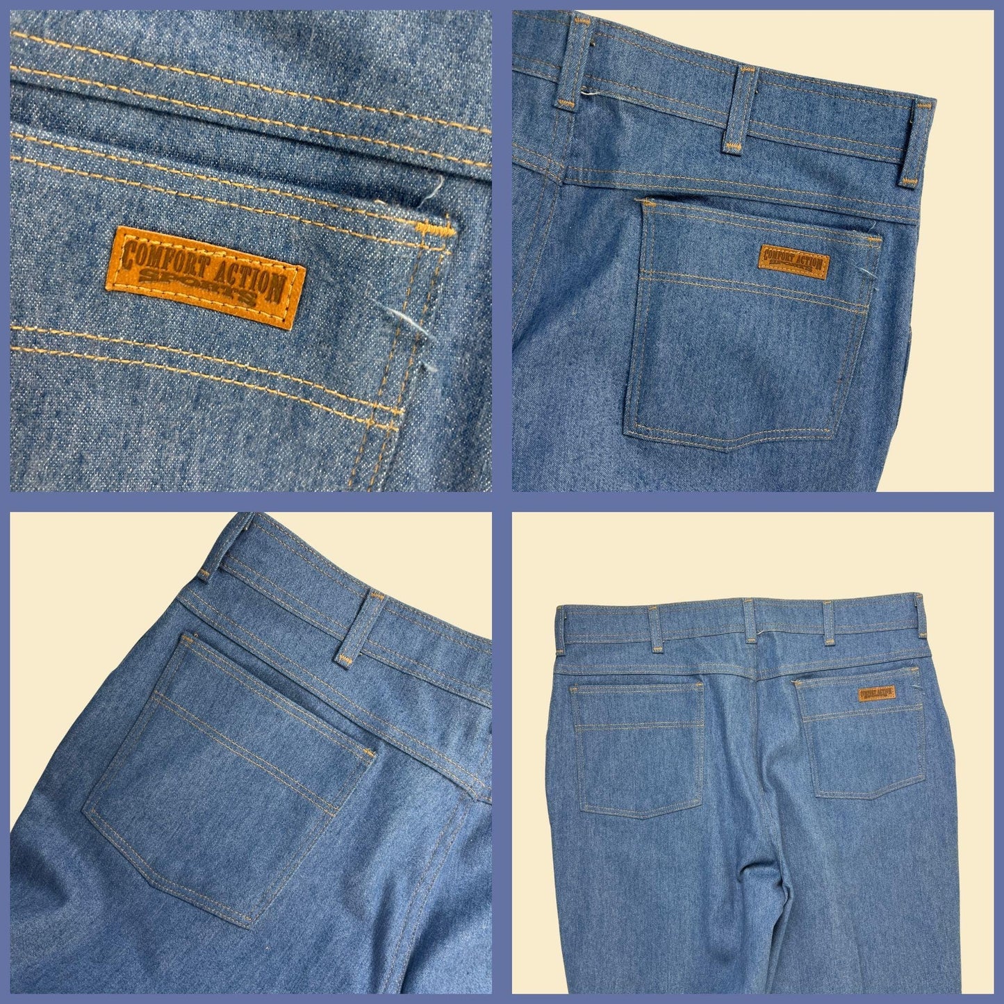 1990s men's 38x34 blue pants/jeans by Comfort Action Sports, vintage men's light wash denim pants