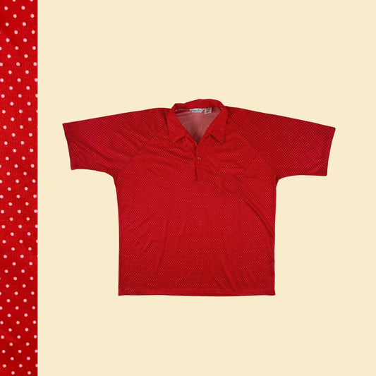 1970s XXL polka dot polo shirt by Carina Ford, vintage red & white lightweight collared 70s shirt