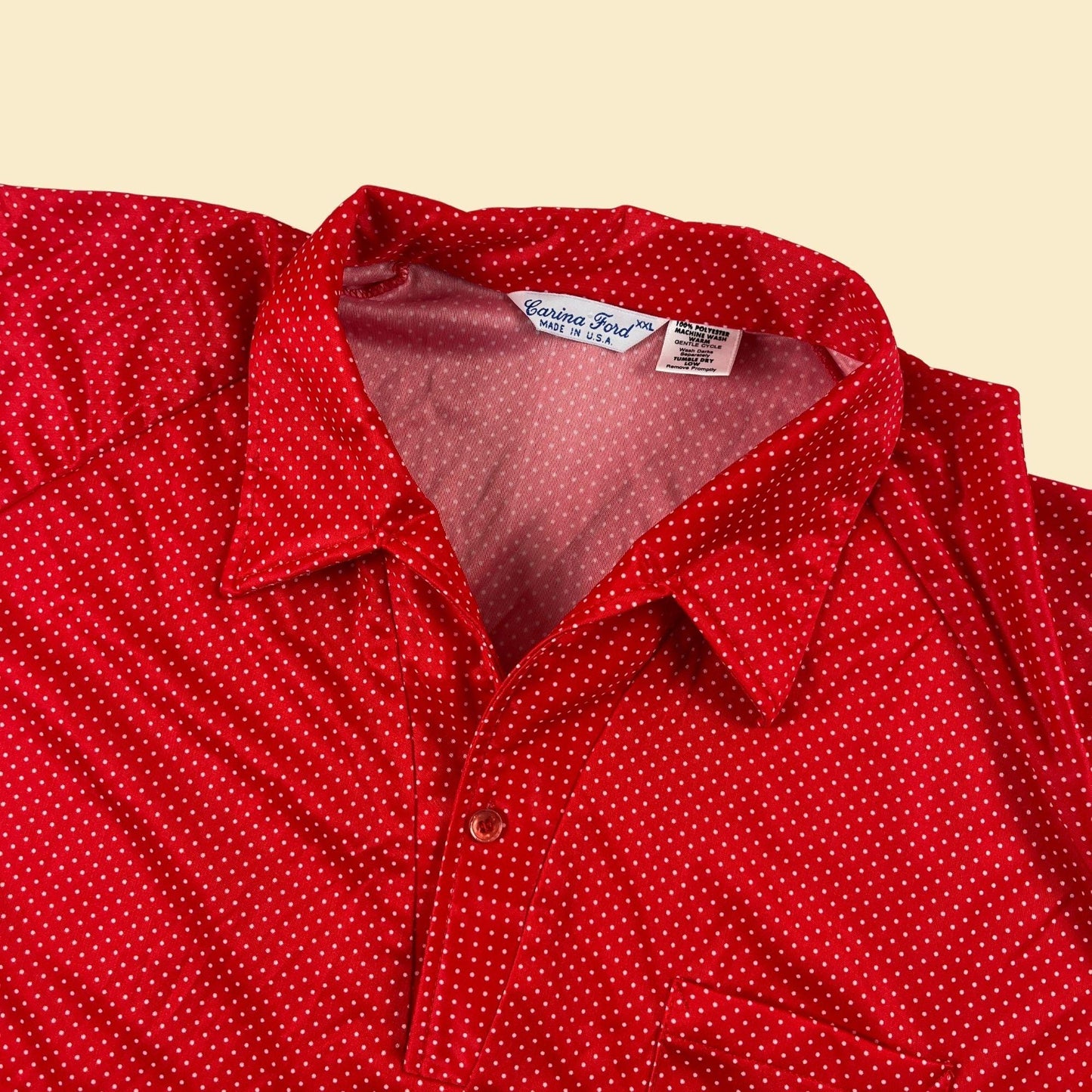 1970s XXL polka dot polo shirt by Carina Ford, vintage red & white lightweight collared 70s shirt