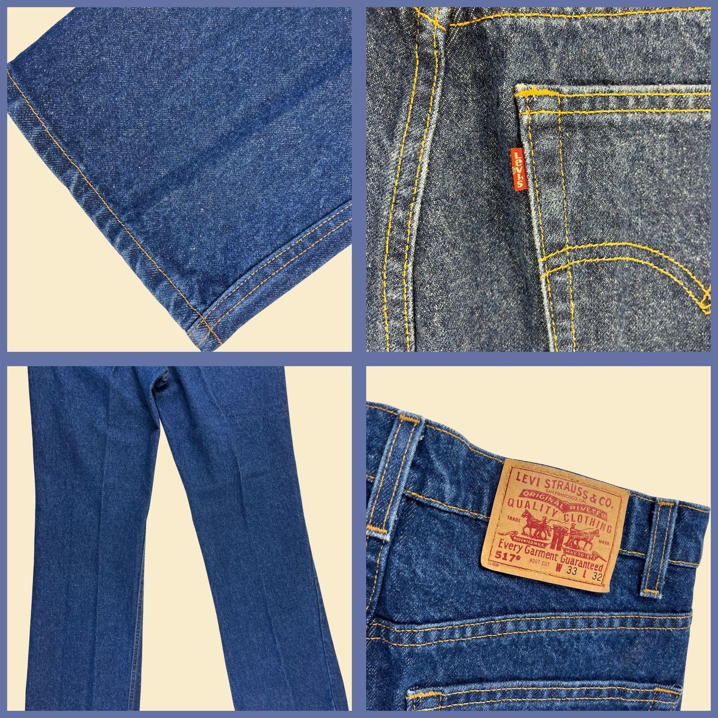 1998 Levi's boot cut jeans, size 33x32 medium wash blue denim pants, USA made