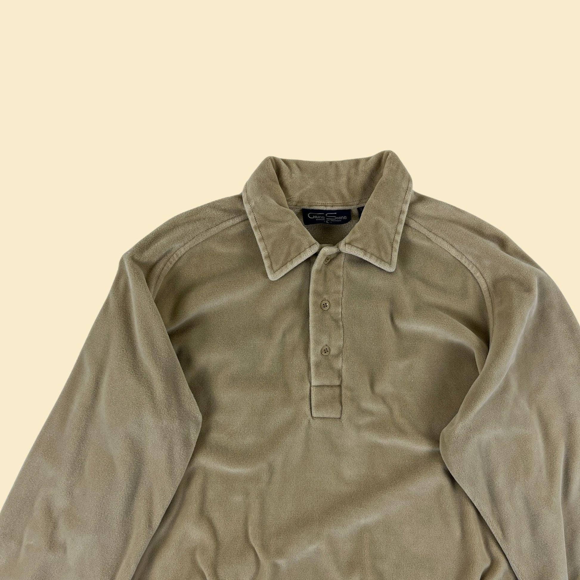 1980s velour L polo shirt by Chung Shing, vintage men's beige/brown long sleeve polo top