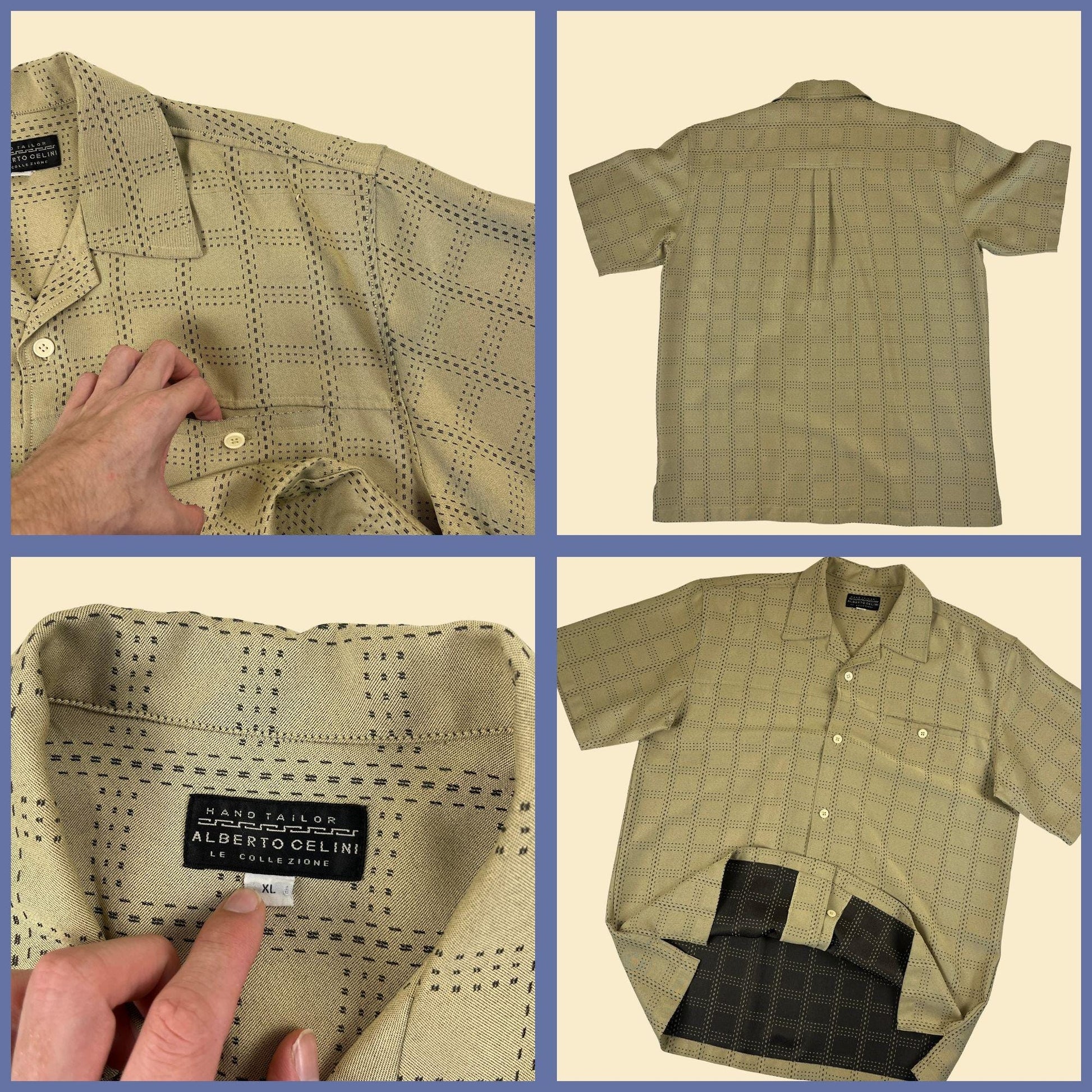 1990s XL Alberto Celini shirt, vintage men's green & black geometric short sleeve button down top