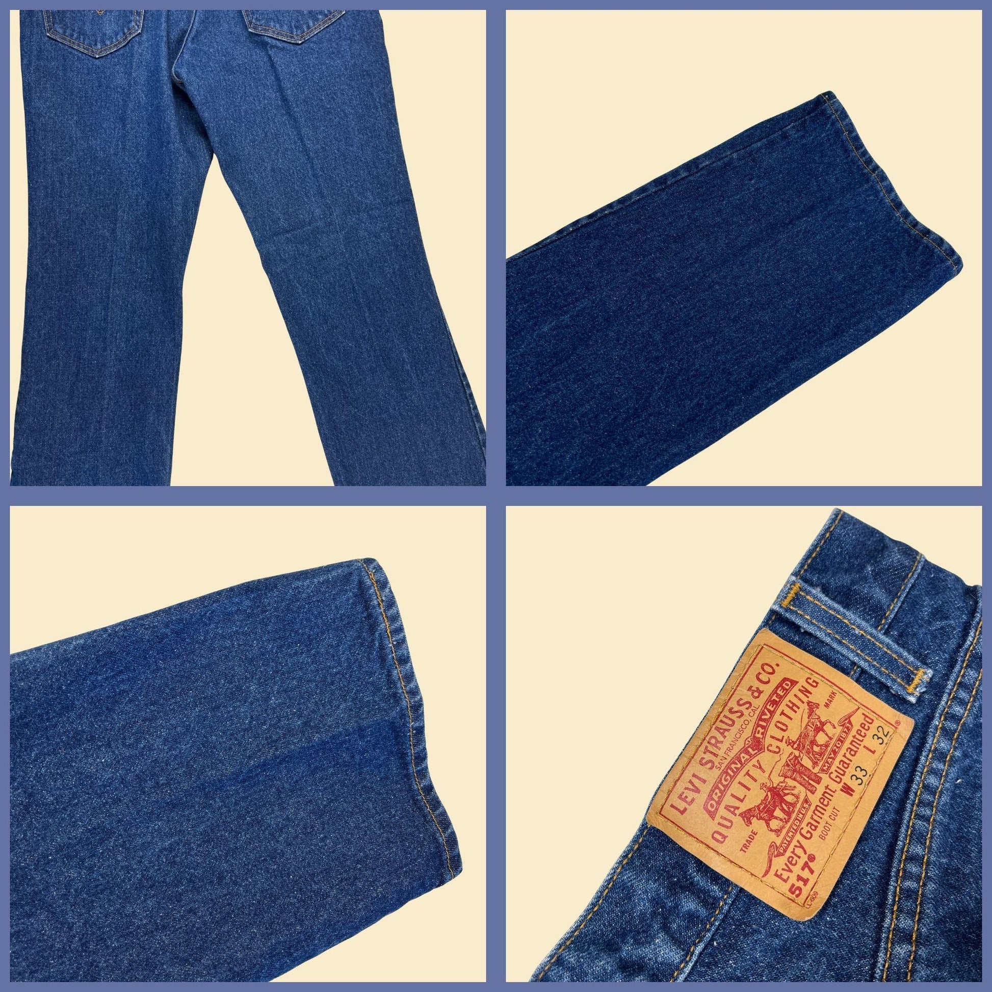 1999 Levi's 517 boot cut jeans, size 33x32 medium wash blue denim pants, USA made