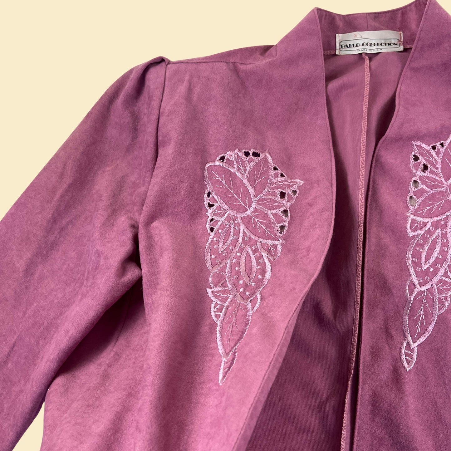 1980s velour blazer w/ leaf embroidery, vintage women's L to XL open faced jacket