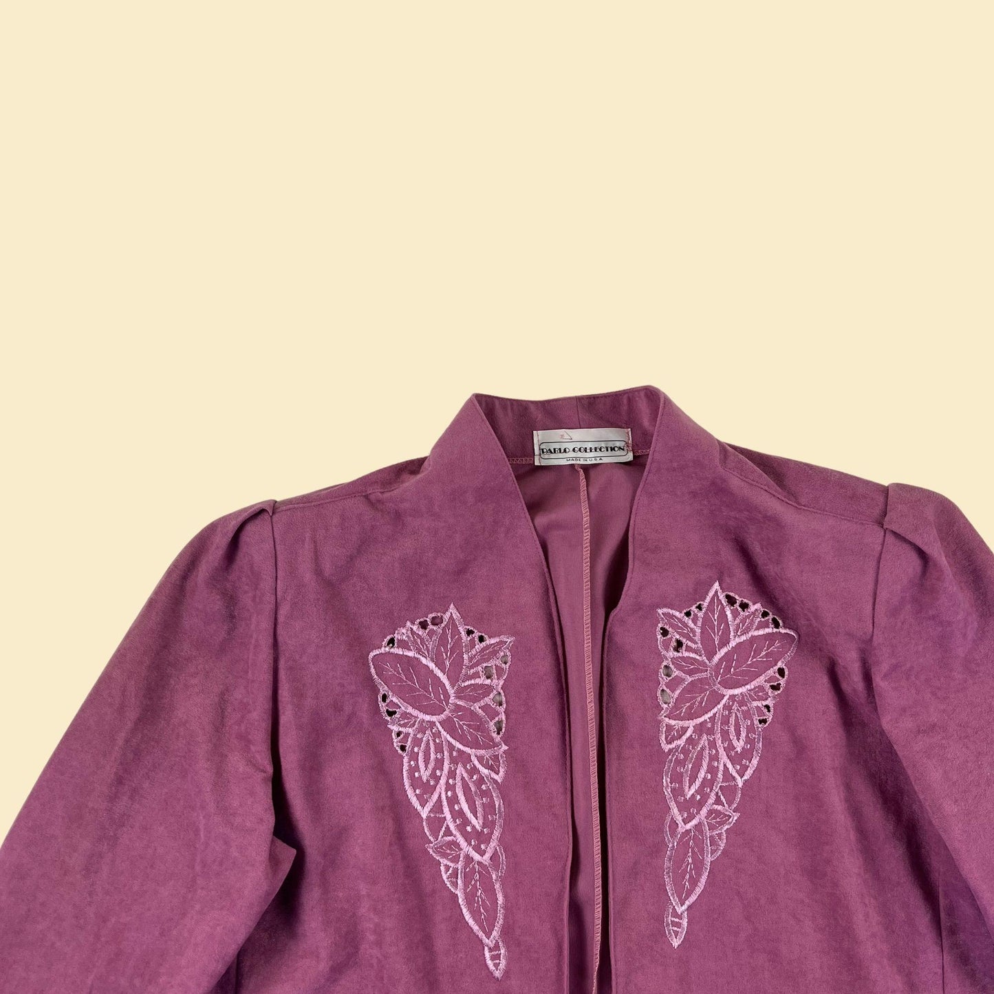 1980s velour blazer w/ leaf embroidery, vintage women's L to XL open faced jacket