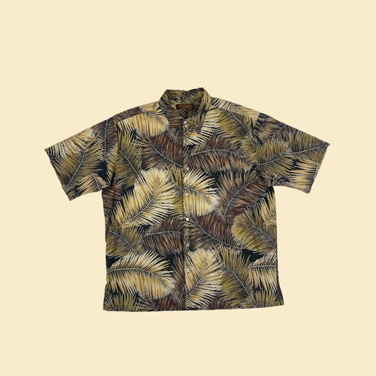 90s/Y2K Tori Richard Honolulu shirt, vintage men's black & beige leaf patterned Hawaiian shirt