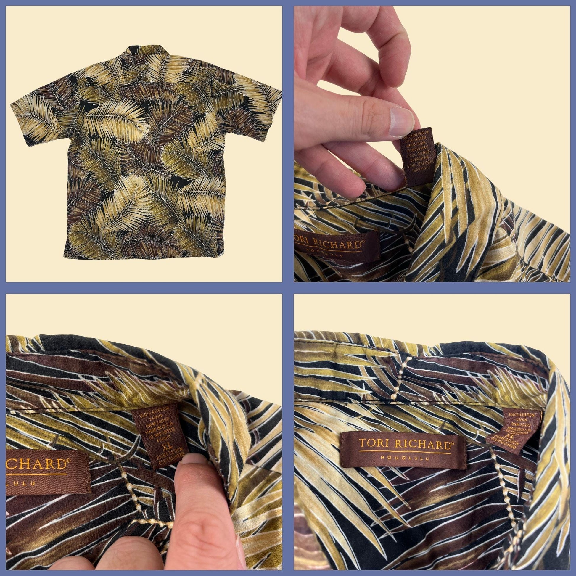 90s/Y2K Tori Richard Honolulu shirt, vintage men's black & beige leaf patterned Hawaiian shirt