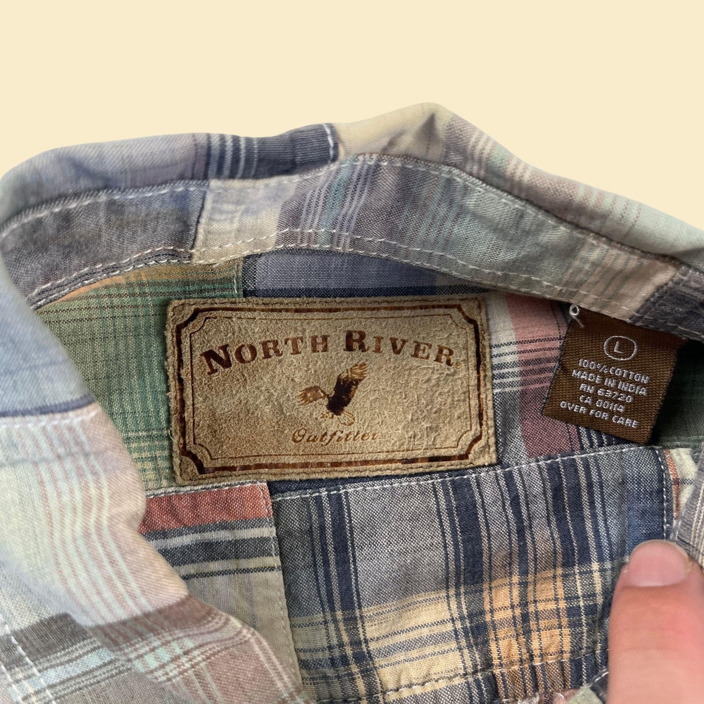 90s/Y2K pastel plaid L shirt, vintage blue, pink & white plaid short sleeve button down top by North River Outfitter