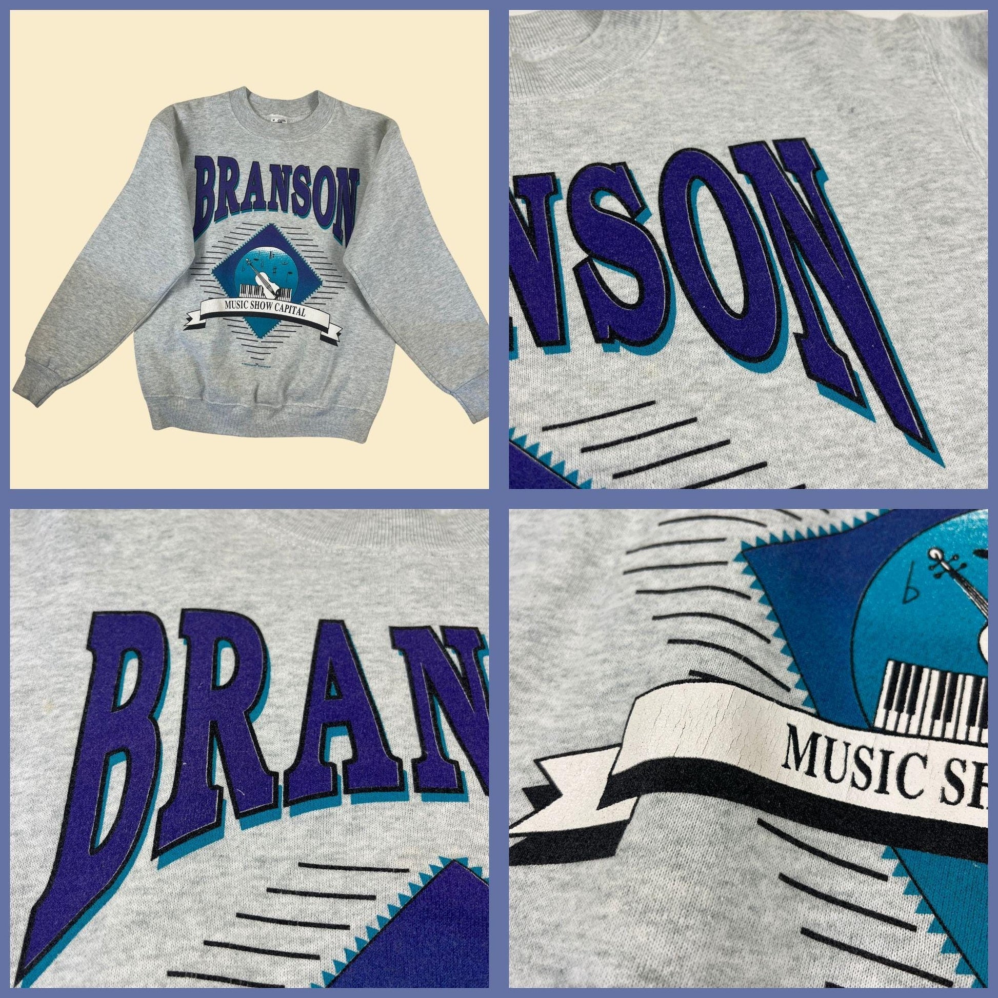 1995 M Branson crewneck sweatshirt, vintage 90s Music Show Capital grey pullover by Fruit of the Loom w/ purple & teal print