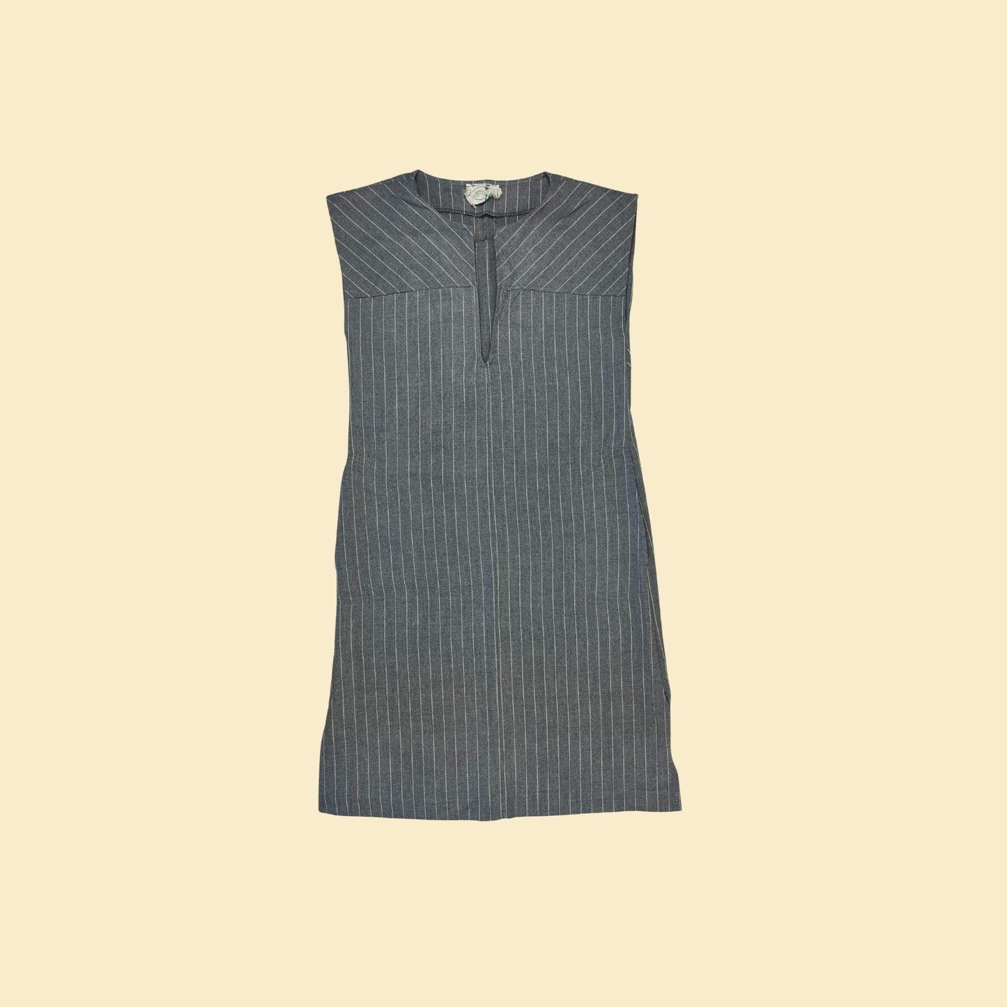 1970s pinstripe shift dress by Patty O'Neil, vintage striped grey midi v-neck sleeveless dress