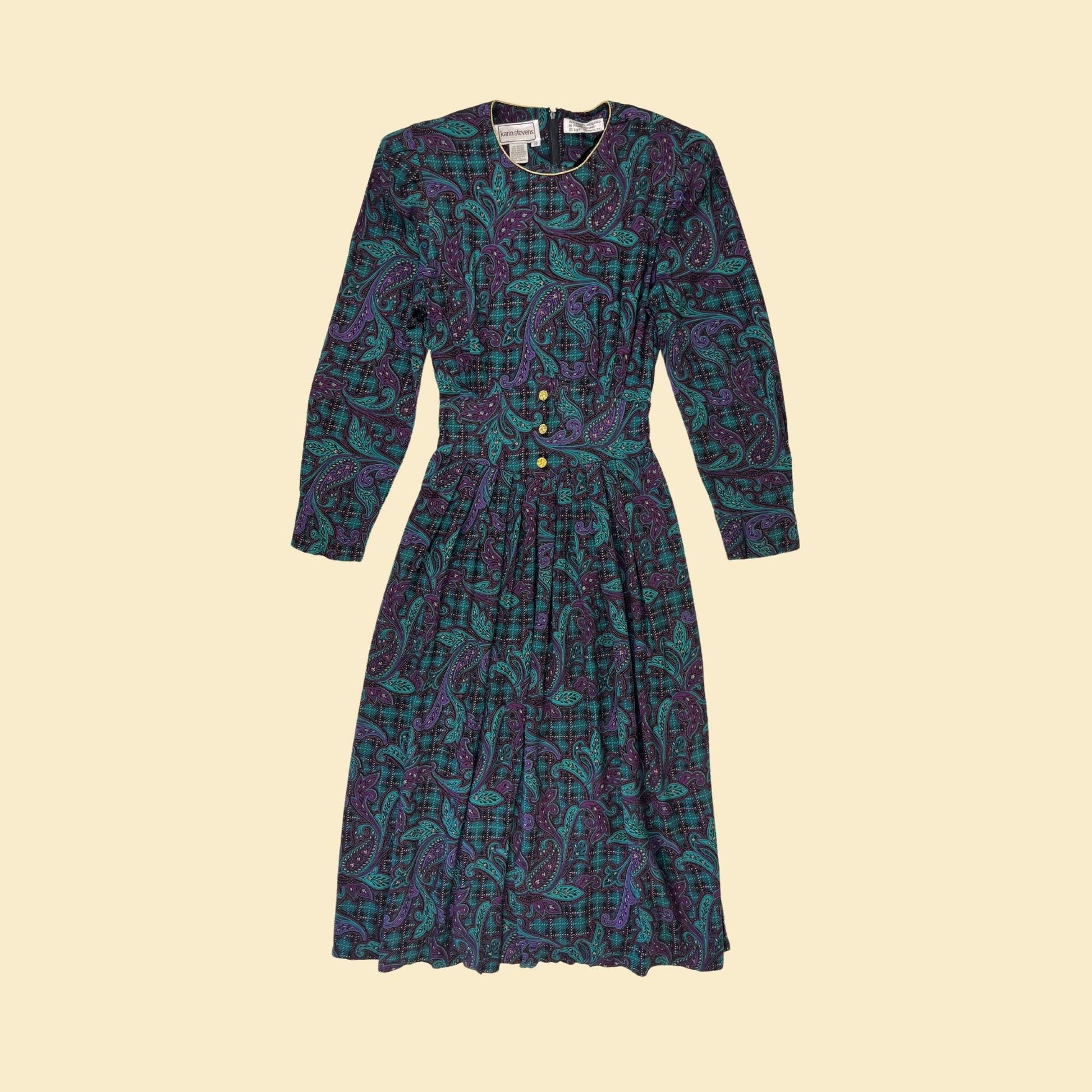 1980s paisley purple & teal dress, vintage size 10 pleated long sleeve maxi dress