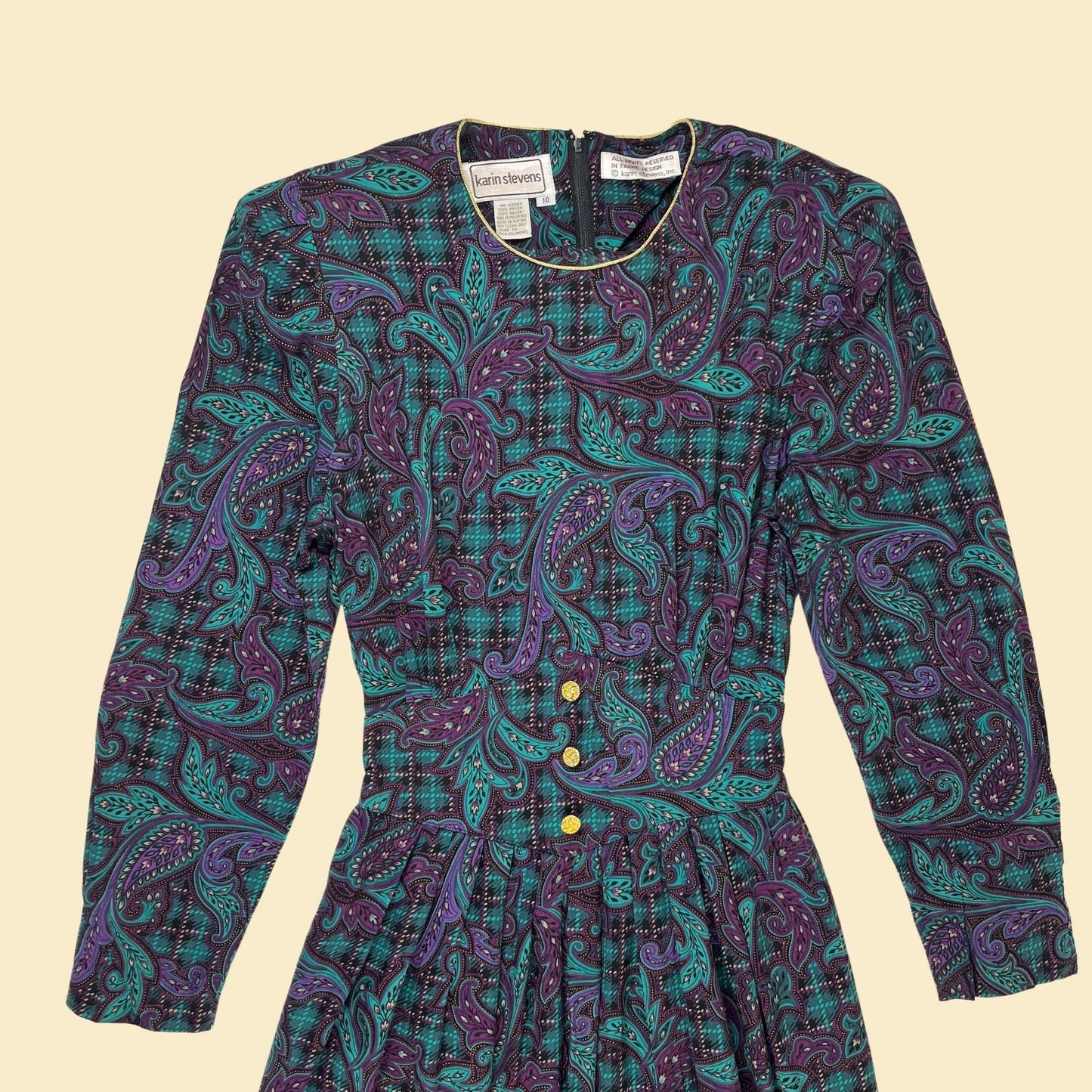 1980s paisley purple & teal dress, vintage size 10 pleated long sleeve maxi dress