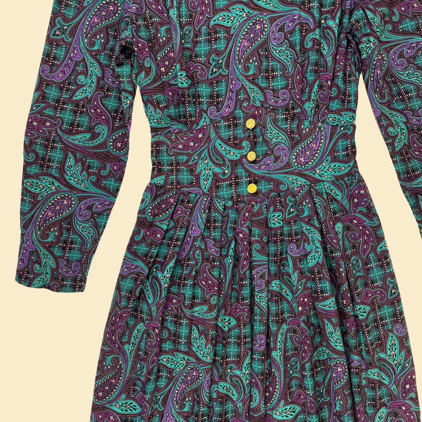 1980s paisley purple & teal dress, vintage size 10 pleated long sleeve maxi dress