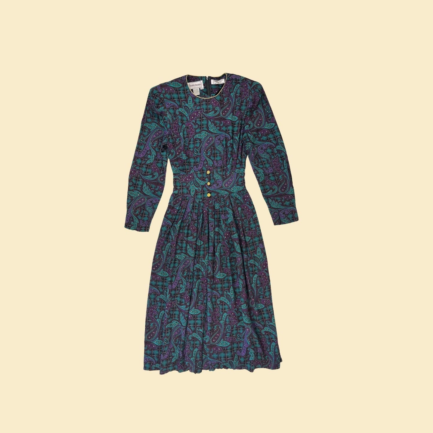 1980s paisley purple & teal dress, vintage size 10 pleated long sleeve maxi dress