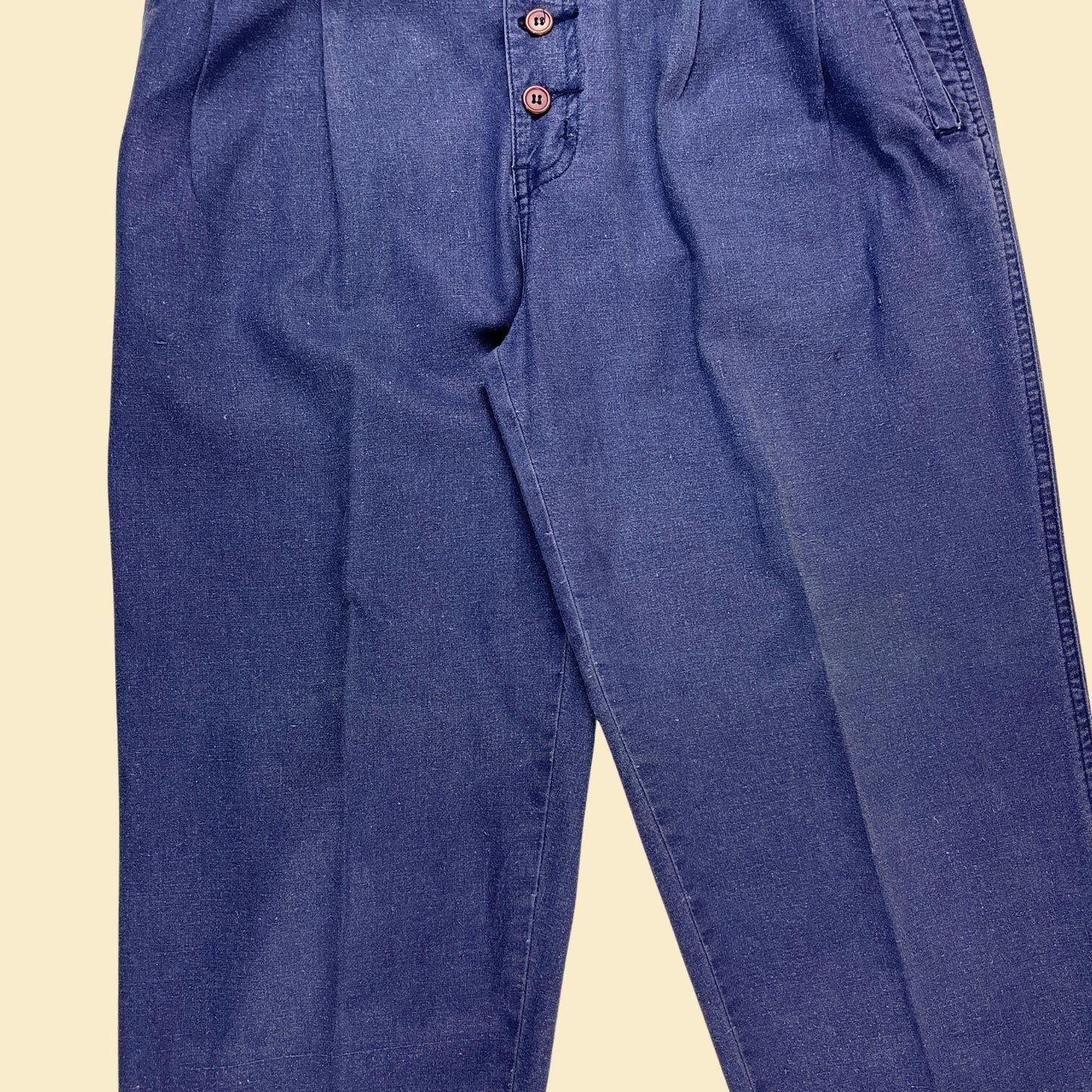 1970s high waisted pants by My Pantalon, size 11/12 vintage super high-rise blue rami & cotton straight leg pants