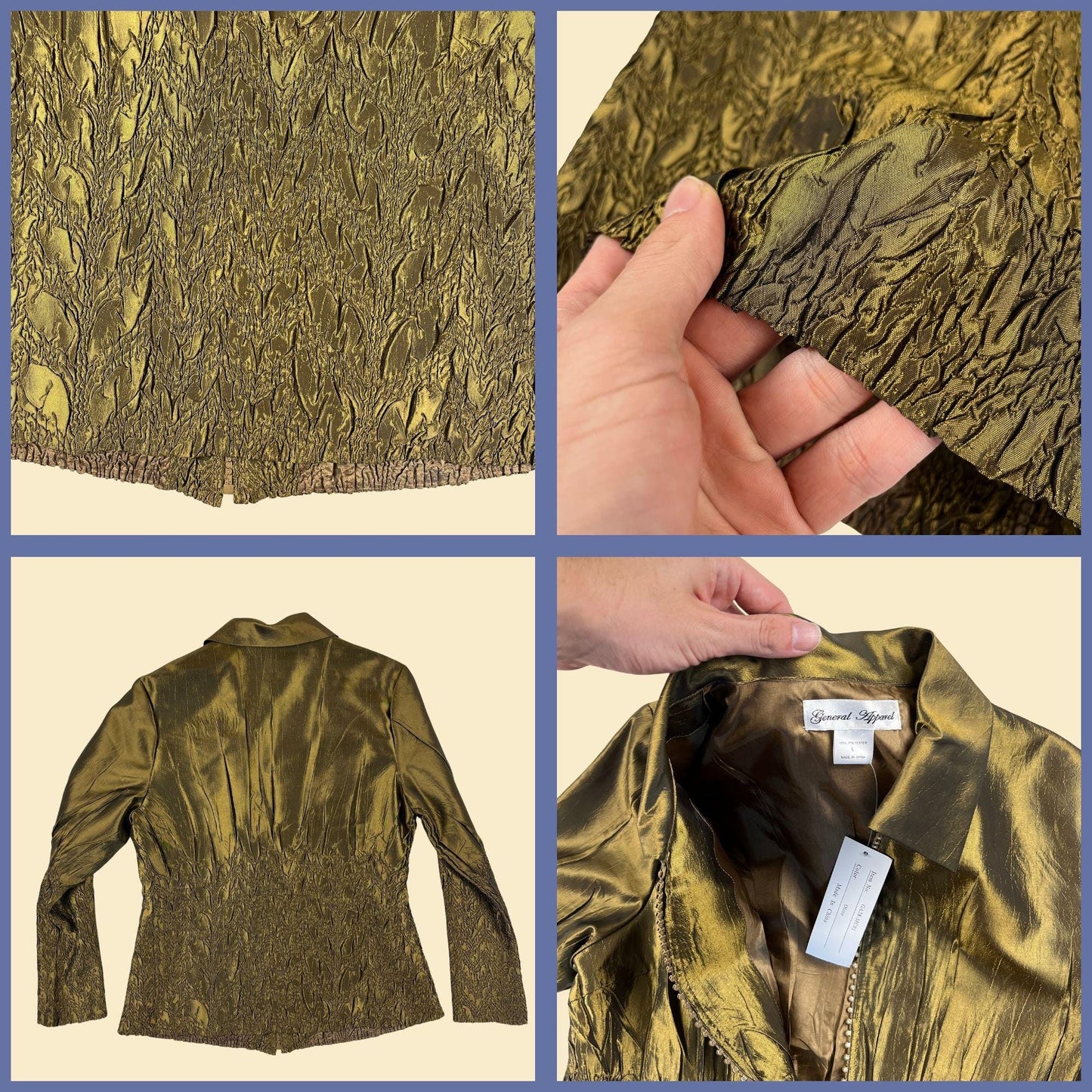 1990s L olive green rhinestone jacket by General Apparel, vintage zip up crinkle/smocked textured zip up jacket