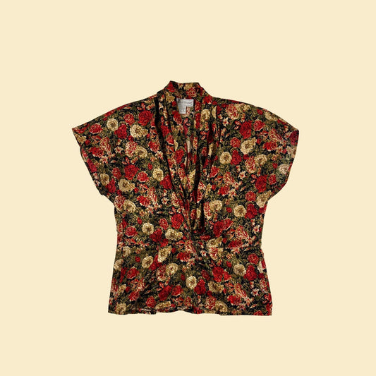 1980s floral peplum blouse, size 6 black & red floral v-neck top by Michelle Stuart