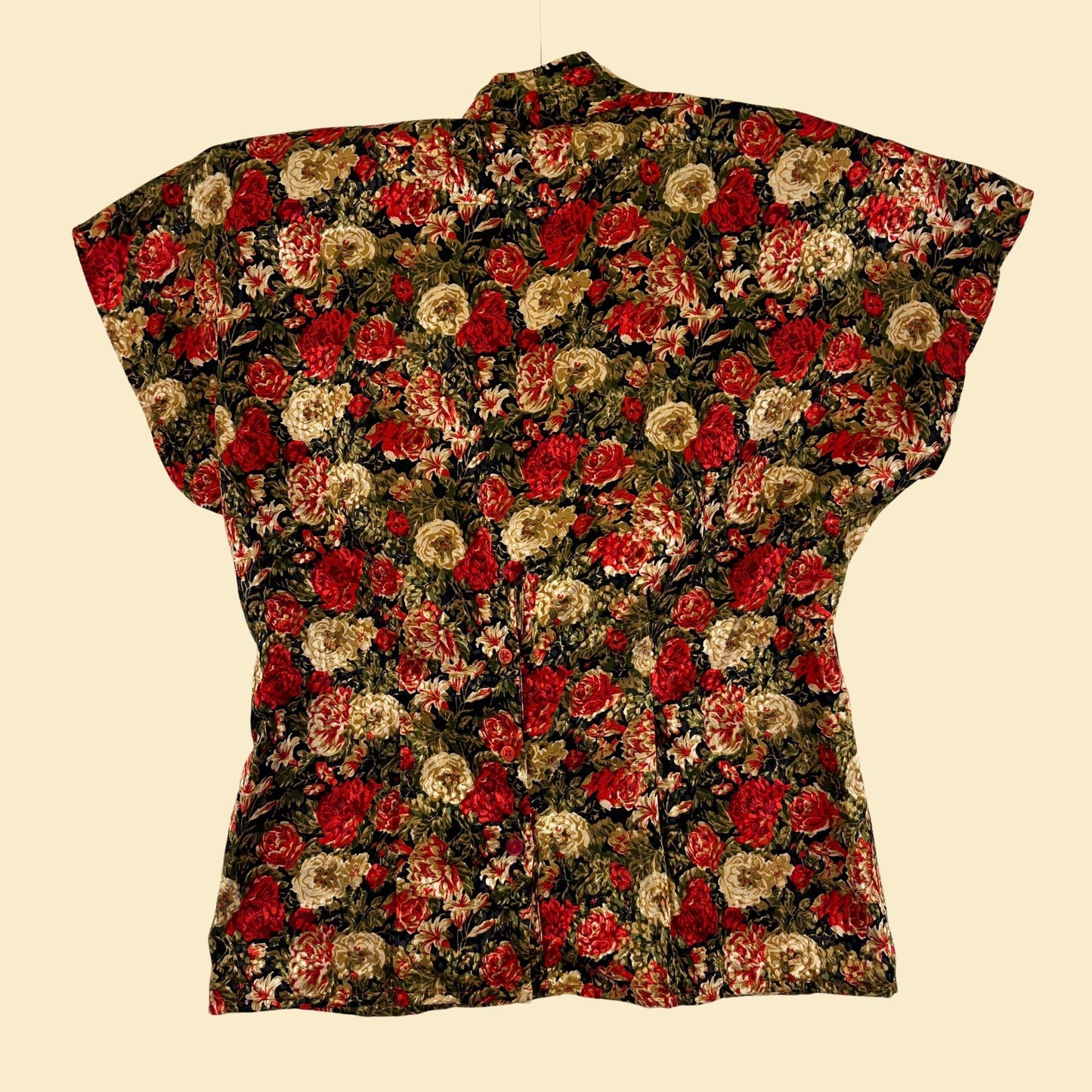 1980s floral peplum blouse, size 6 black & red floral v-neck top by Michelle Stuart