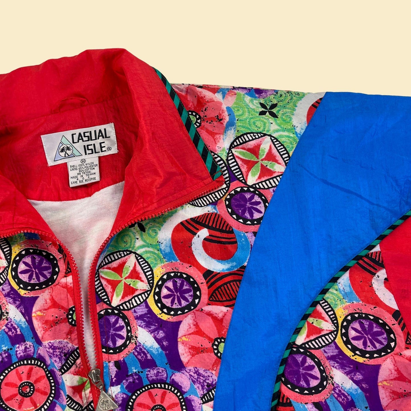 80s/90s M windbreaker jacket, vintage floral & colorblock blue and red zip up track jacket by Casual Isle