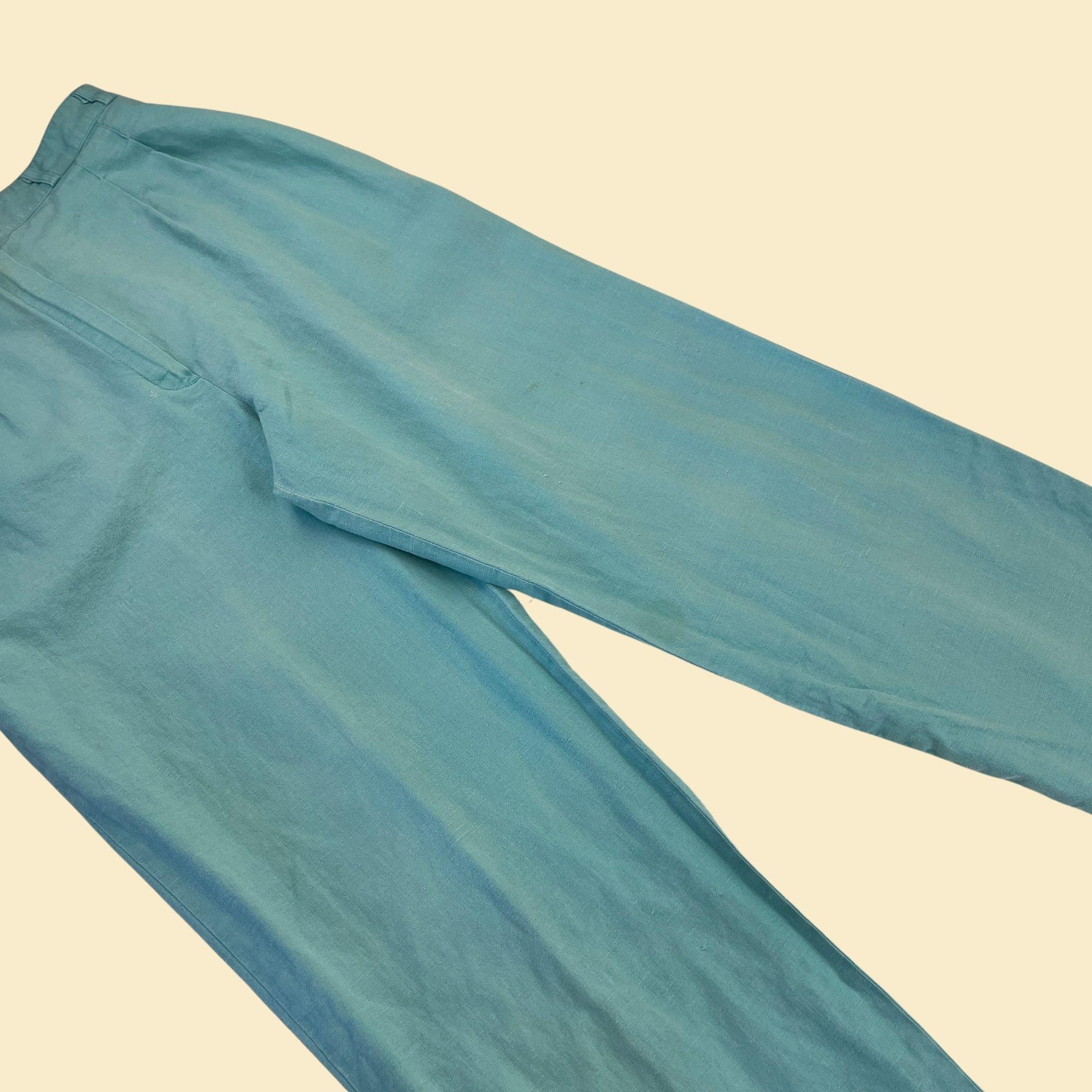 1970s teal high rise pants, size 11 vintage women's blue pleated pants by Smart Pants