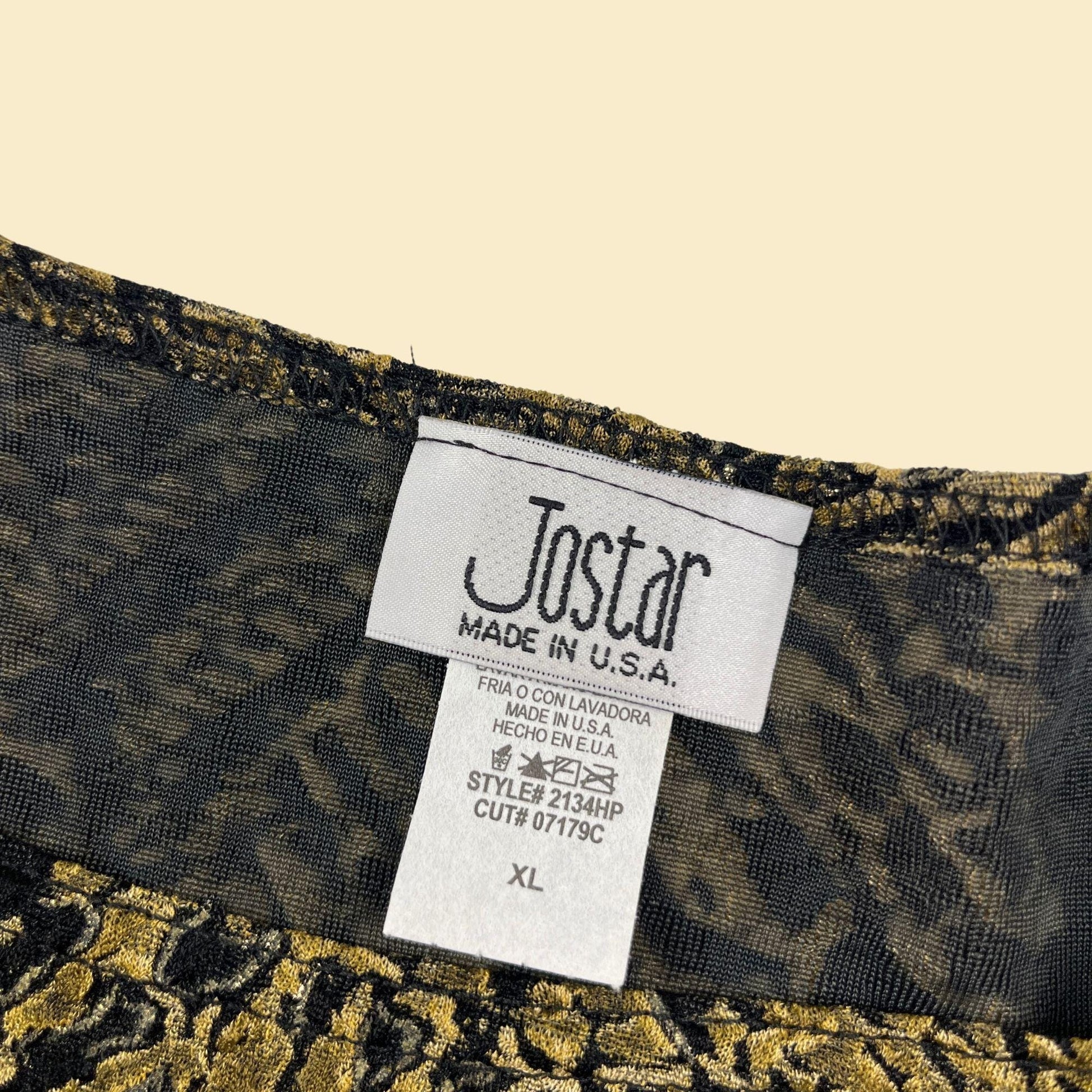 1980s XL black & gold blouse by Jostar, vintage scoop neck stretchy crinkle shirt w/ abstract metallic pattern