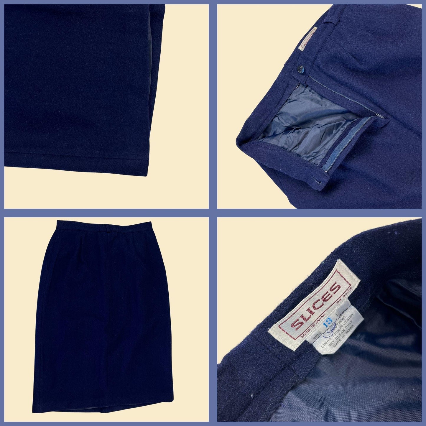 1970s wool midi skirt by Slices, size 13 vintage blue skirt w/ front pocket & belt loops